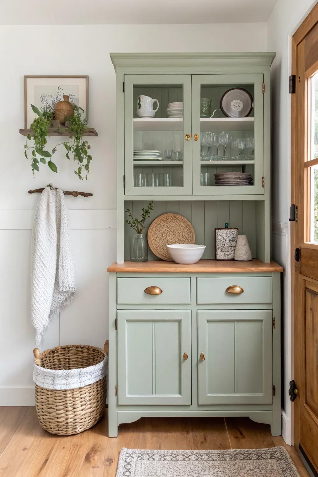 Weekend win: thrifted kitchen hutch in matte paint + new brass pulls—small-space glow-up.