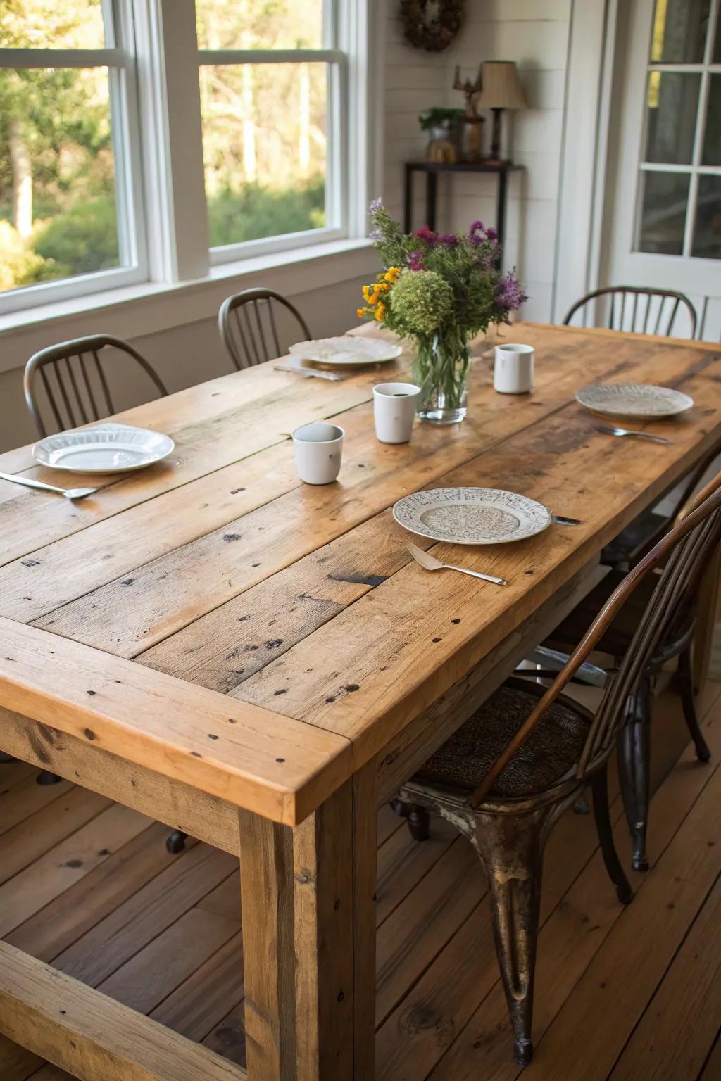 Transform your dining space with the timeless charm of a rustic farmhouse table.