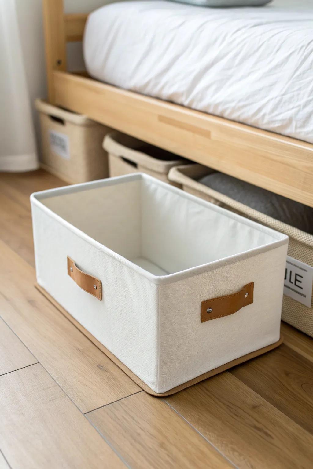DIY under-bed bin with felt-glide pads and a tape pull—budget storage that slides out fast.