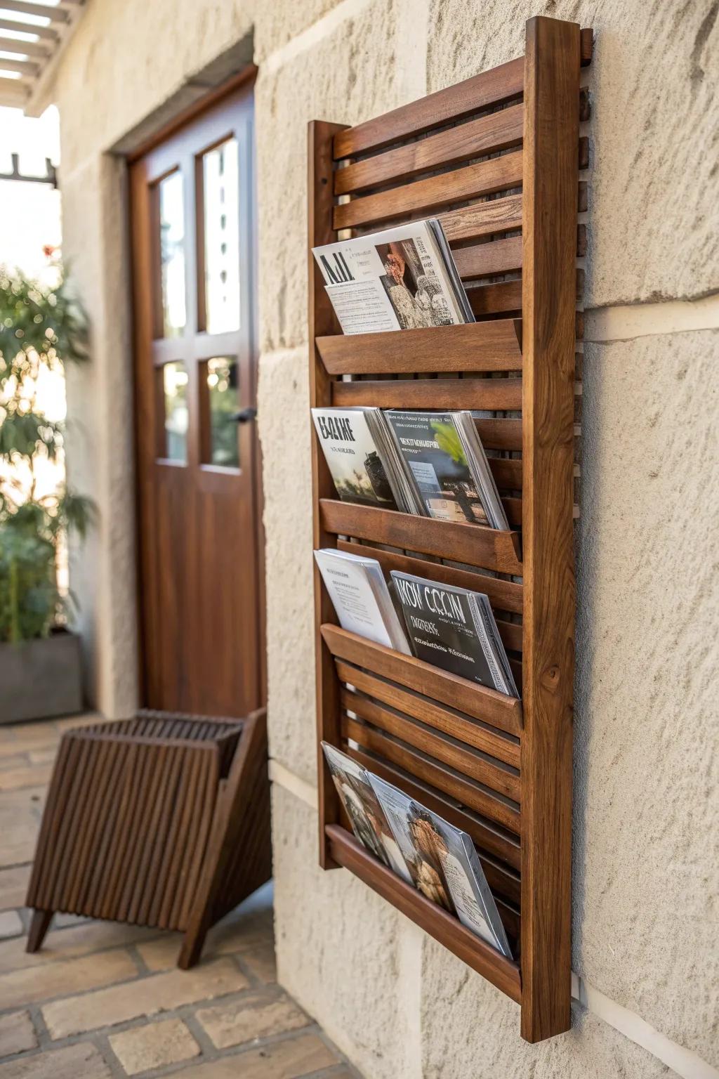 Elevate your space with a handcrafted wooden slat magazine rack – where function meets style.