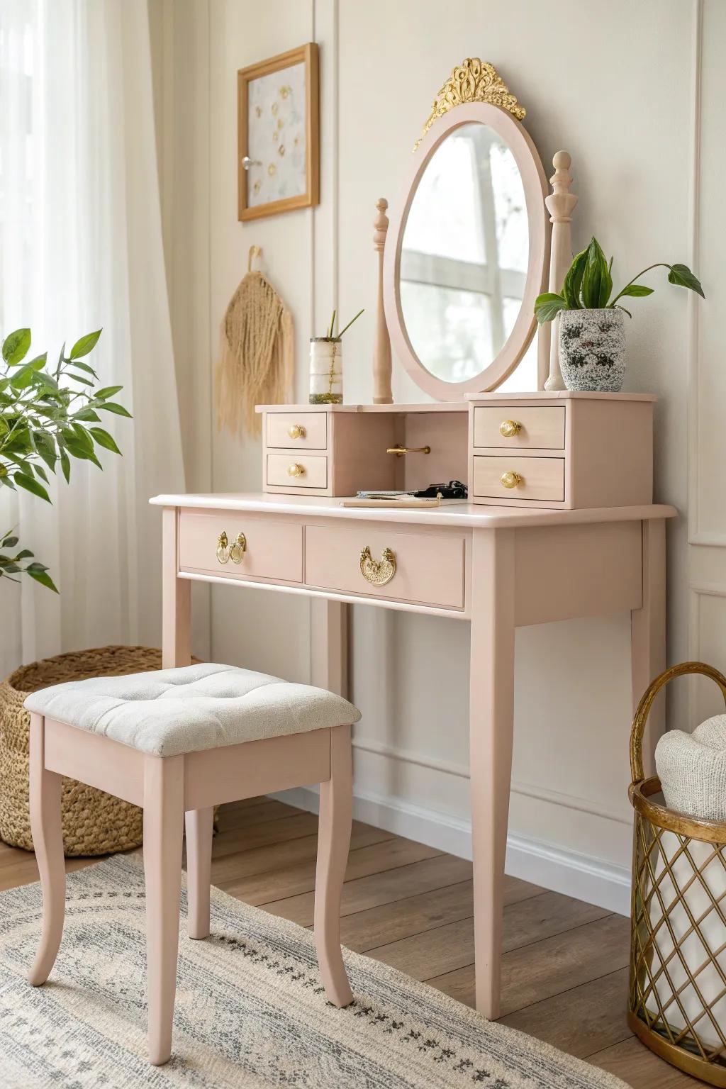 From Flea Market Find to Beauty Corner Treasure: Discover the Charm of a Repurposed Desk Vanity.