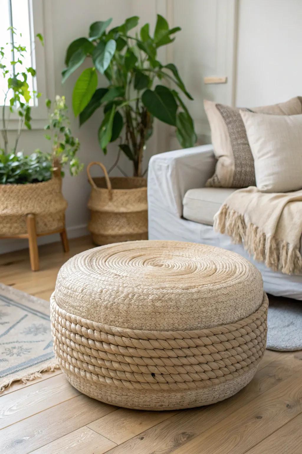 Transform an old tire into a chic statement piece with this DIY rope ottoman, adding a touch of coastal charm to your minimalist space.