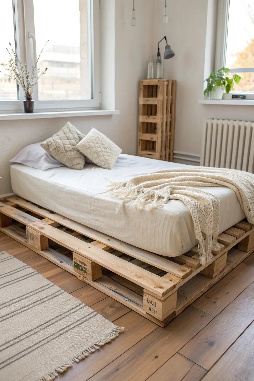 A smooth, splinter-free DIY pallet platform bed that makes a small kids room feel calm.