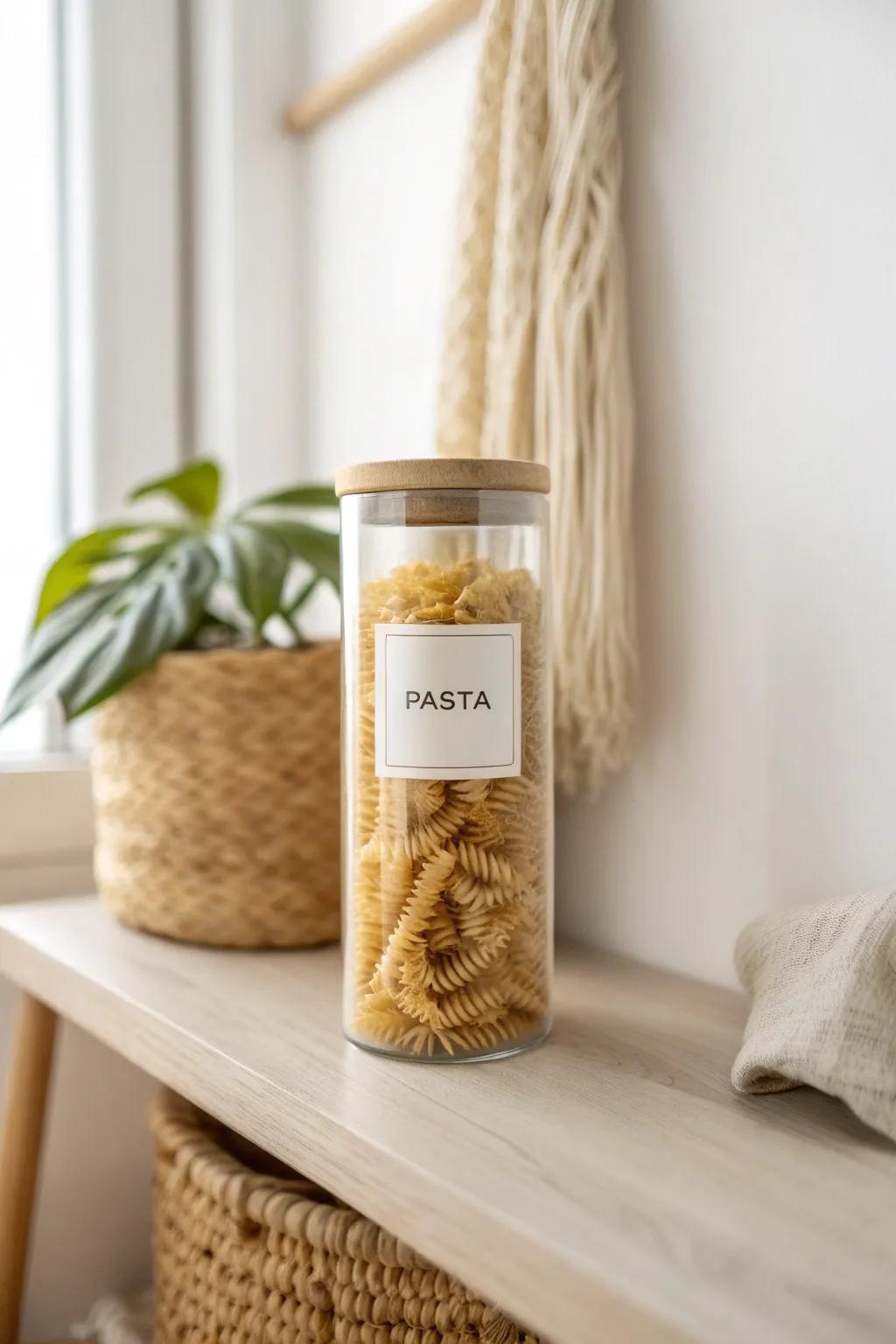 A single clear canister with a simple label makes even the smallest pantry feel calm and tidy.