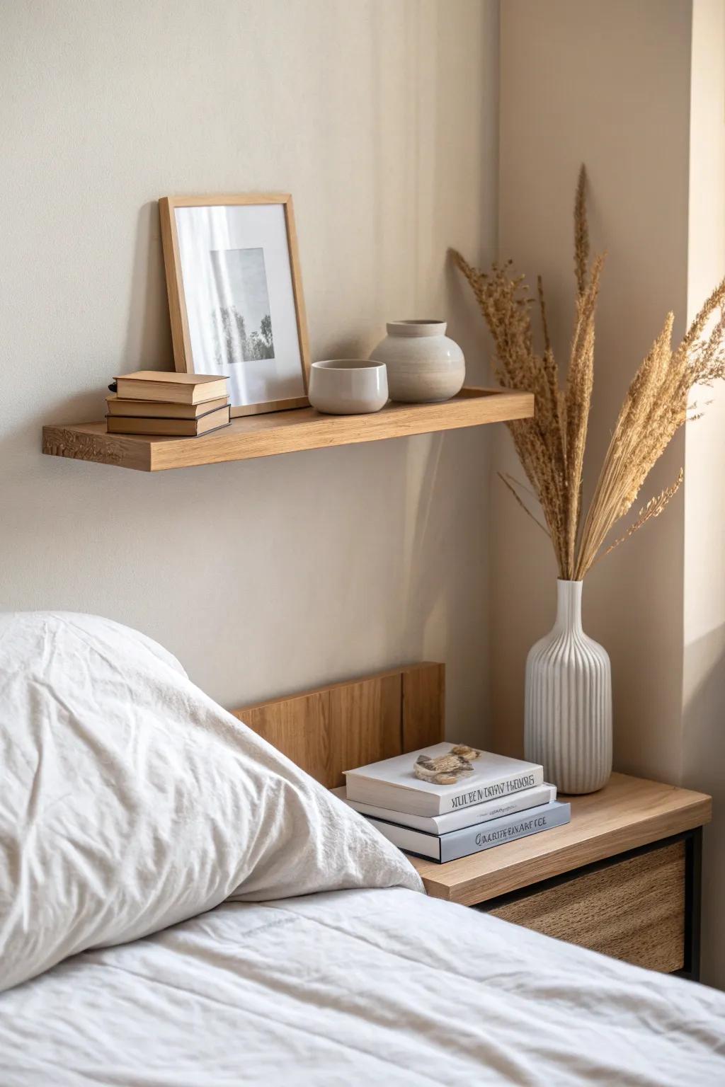 Shallow floating shelf above the bed—display books and art without stealing precious floor space.