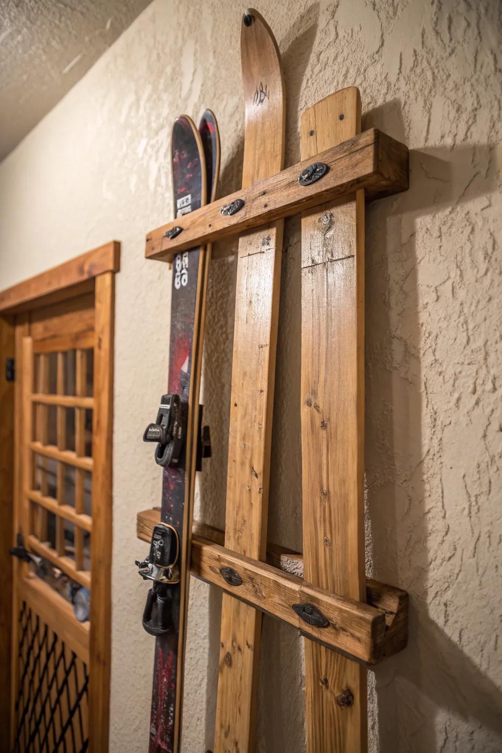 Elevate your ski storage with this rustic, handcrafted wooden rack.