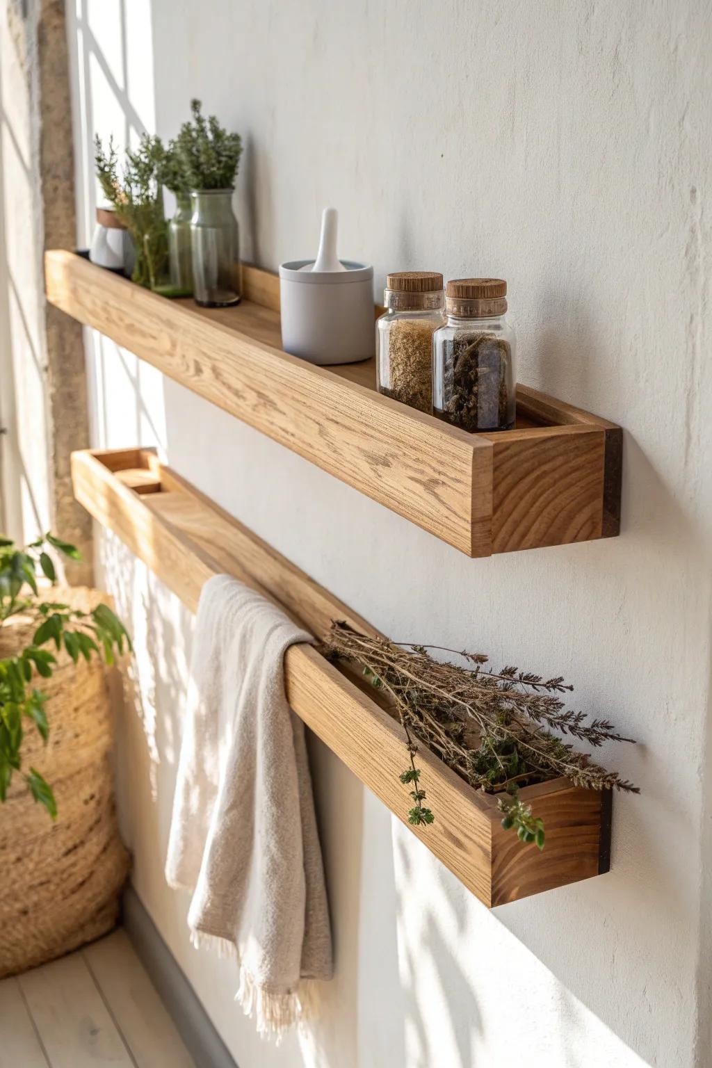 Slim DIY oak floating spice ledge—minimal, boho-warm, and perfect for tiny kitchens.