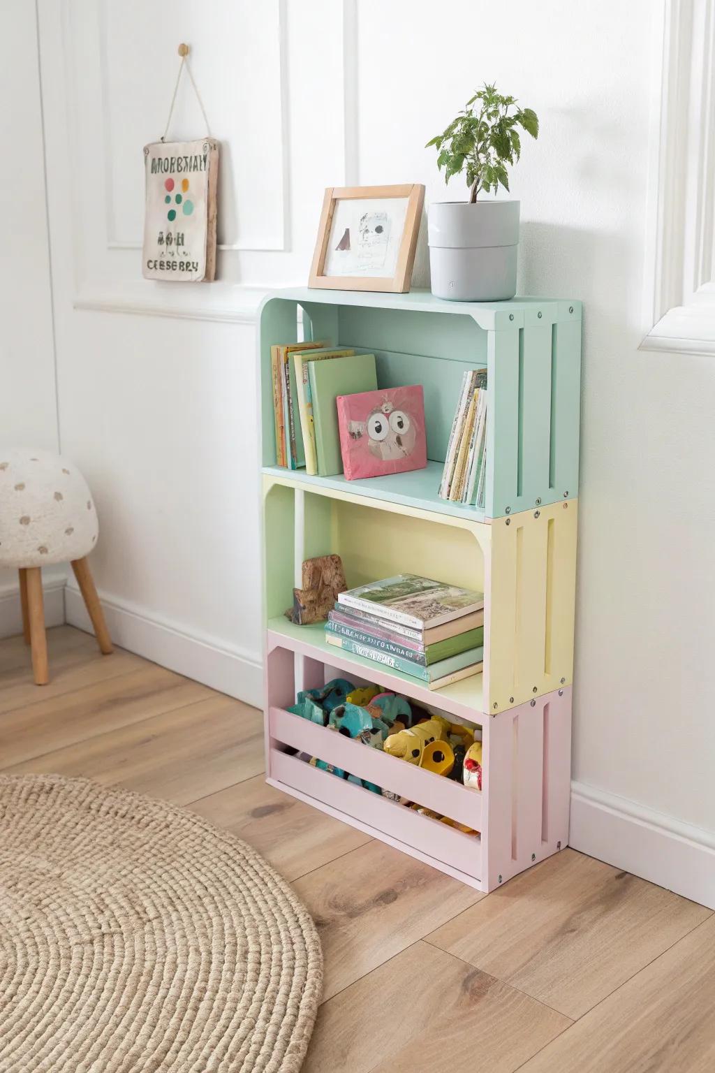 Add a splash of color and organization to your toddler's room with charming pastel shelving!