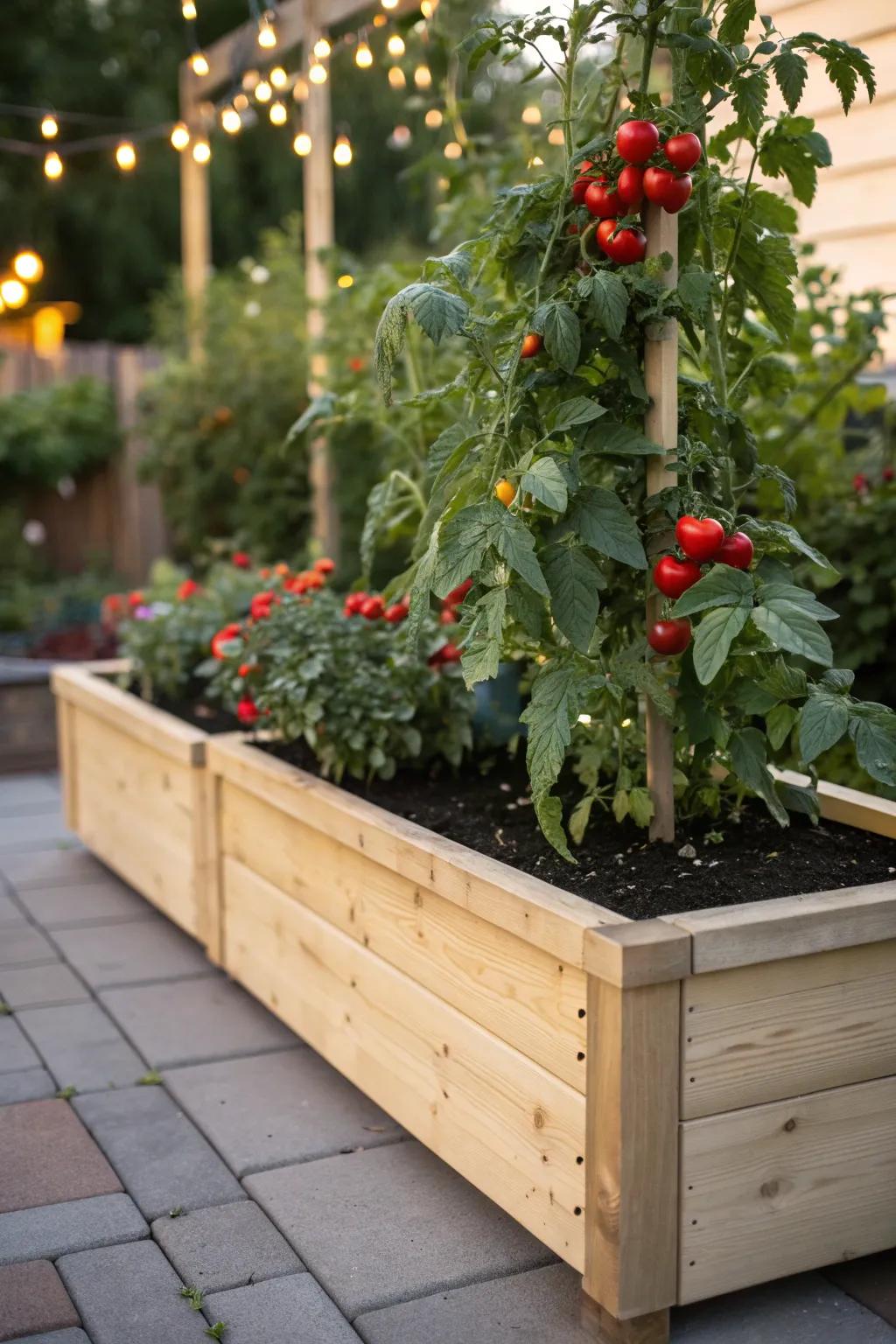 Elevate your garden with a minimalist raised bed, where simplicity meets natural beauty for thriving tomatoes.