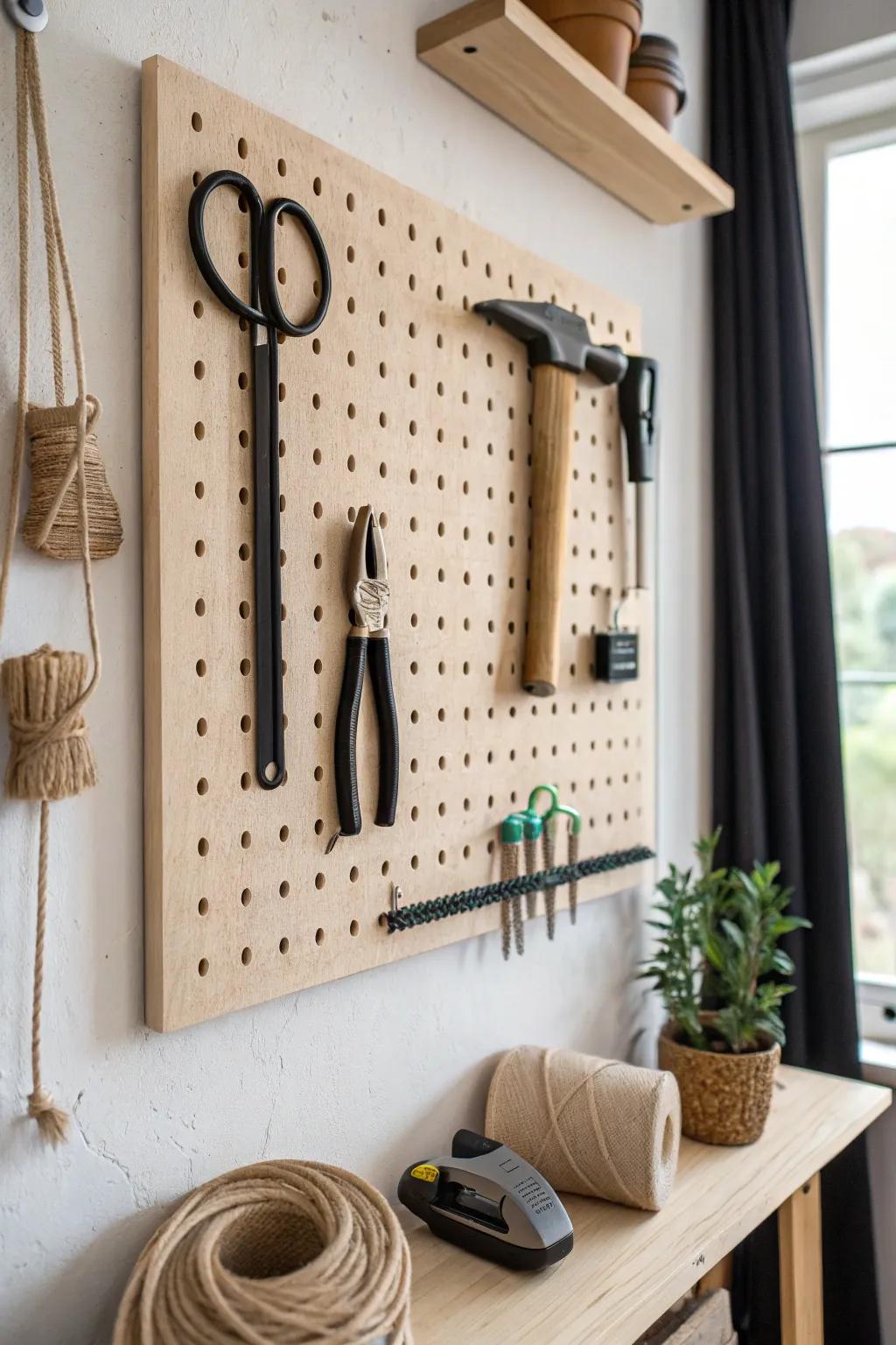 A classic birch pegboard keeps tools tidy above a tiny workbench—pretty and practical.
