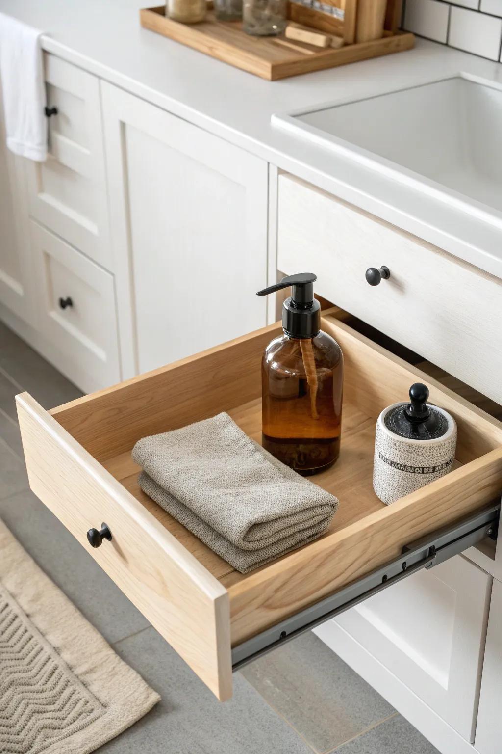 Simple pull-out tray on slides—reach the back of the sink cabinet without the clutter.