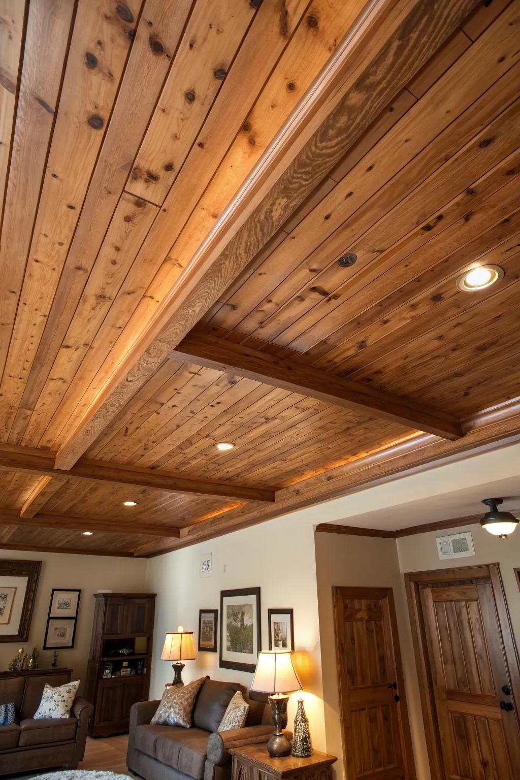 Transform your space with the timeless charm of a classic wood plank ceiling.