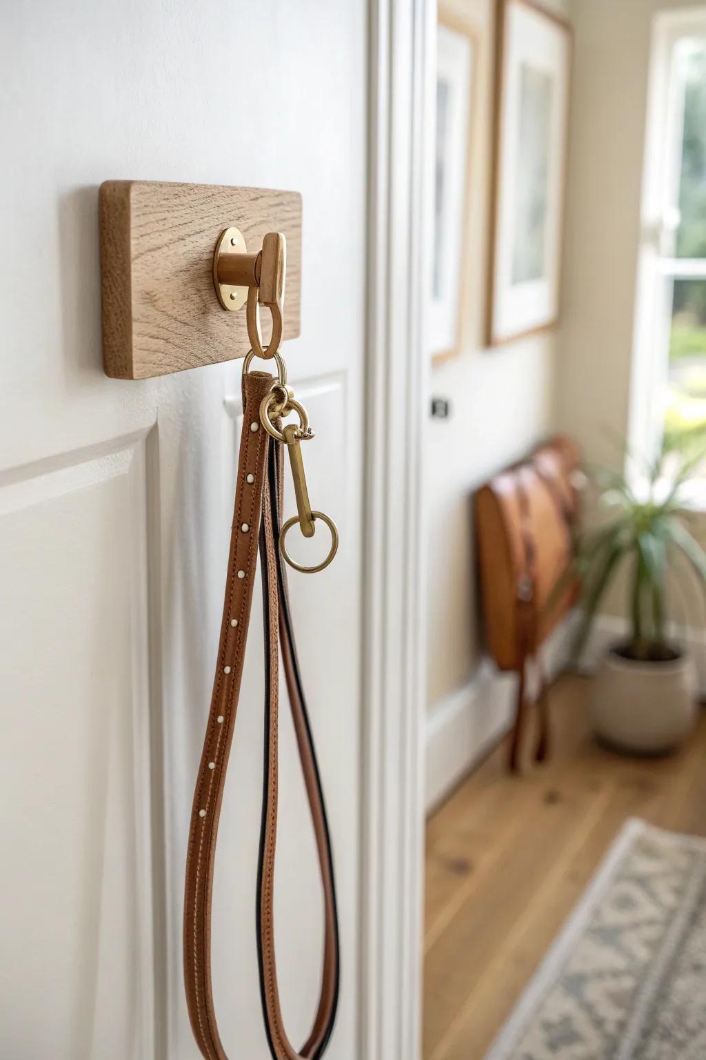 A single oak wall hook by the door keeps your dog leash tidy, untangled, and beautiful.