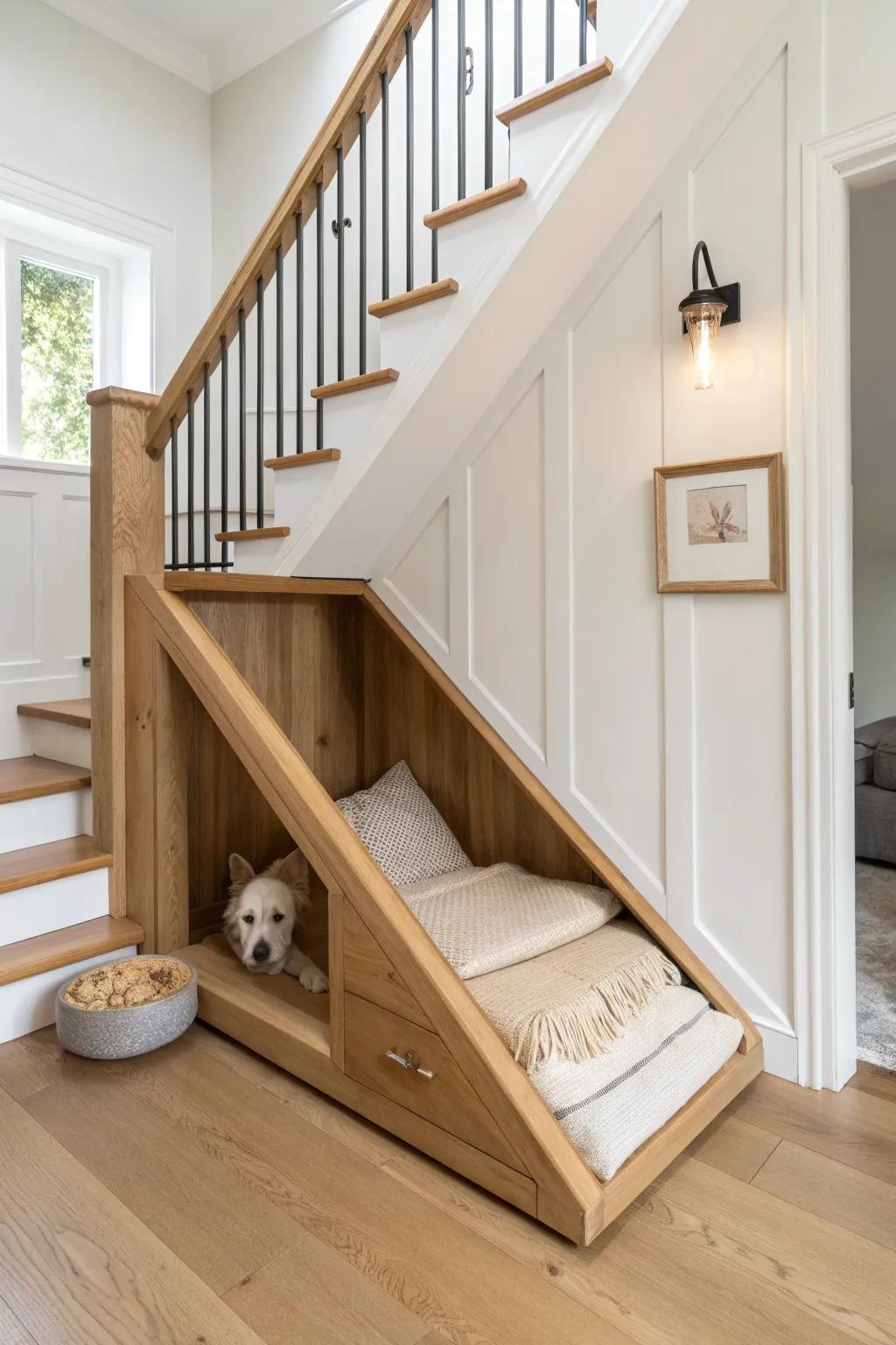 A cozy under-the-stairs dog den with custom cushion and warm sconce—small-space magic.