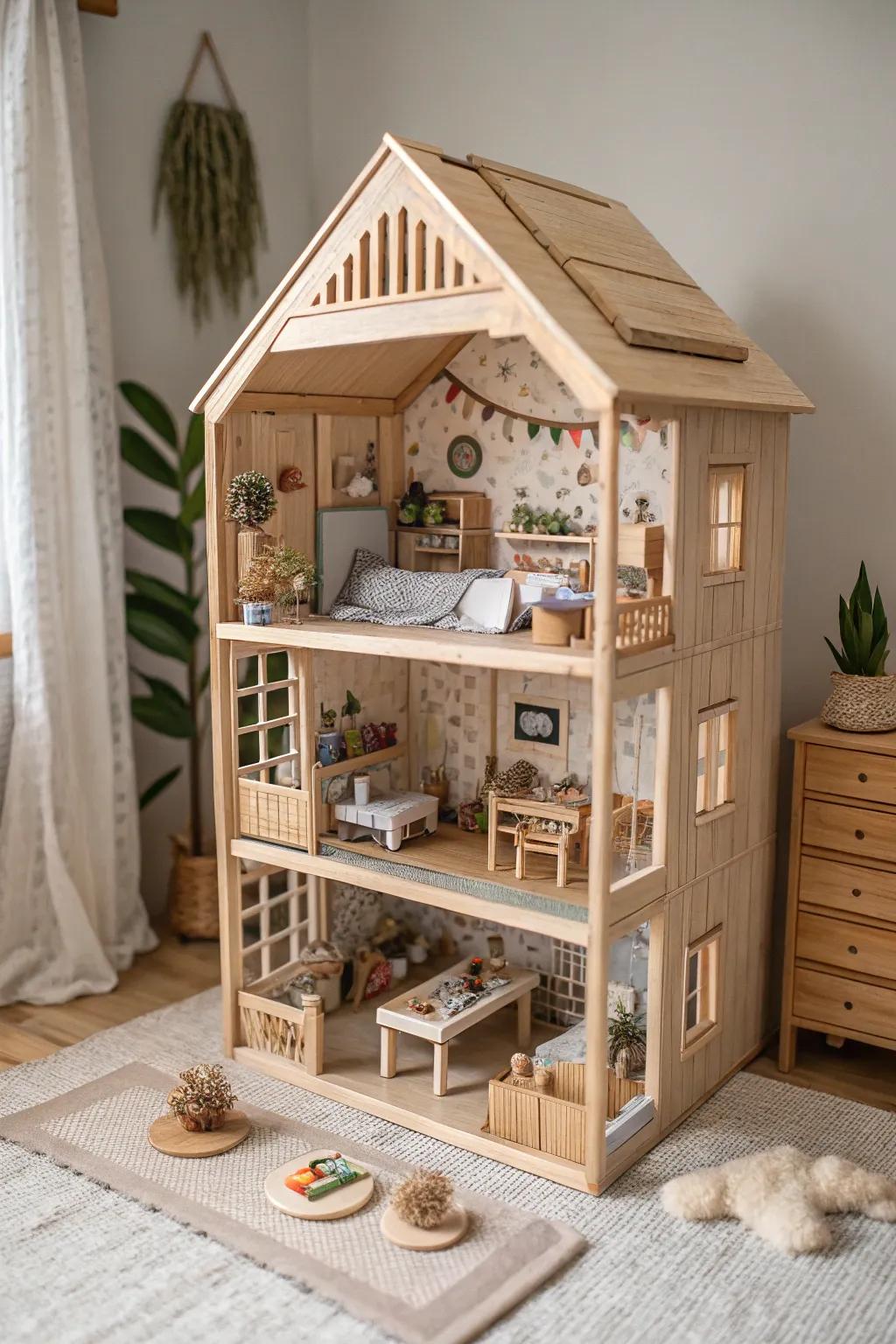 Discover the charm of layered living in this beautifully crafted multi-level dollhouse, where each floor tells its own story.