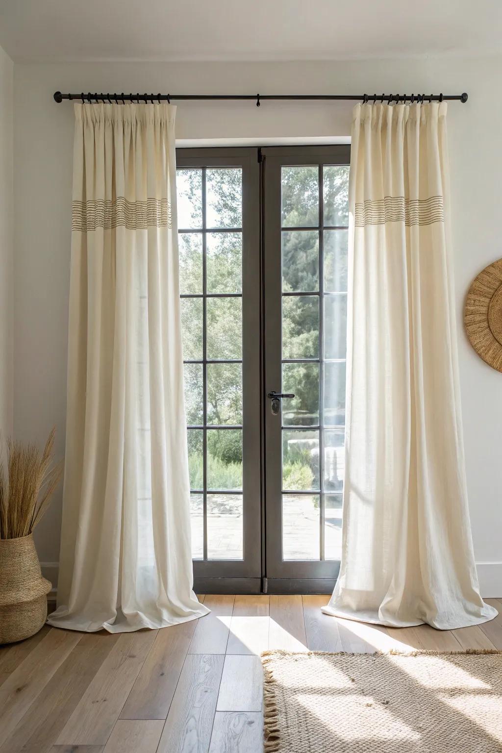 Hang curtains wide to frame the door—instant privacy at night and a taller, softer wall.
