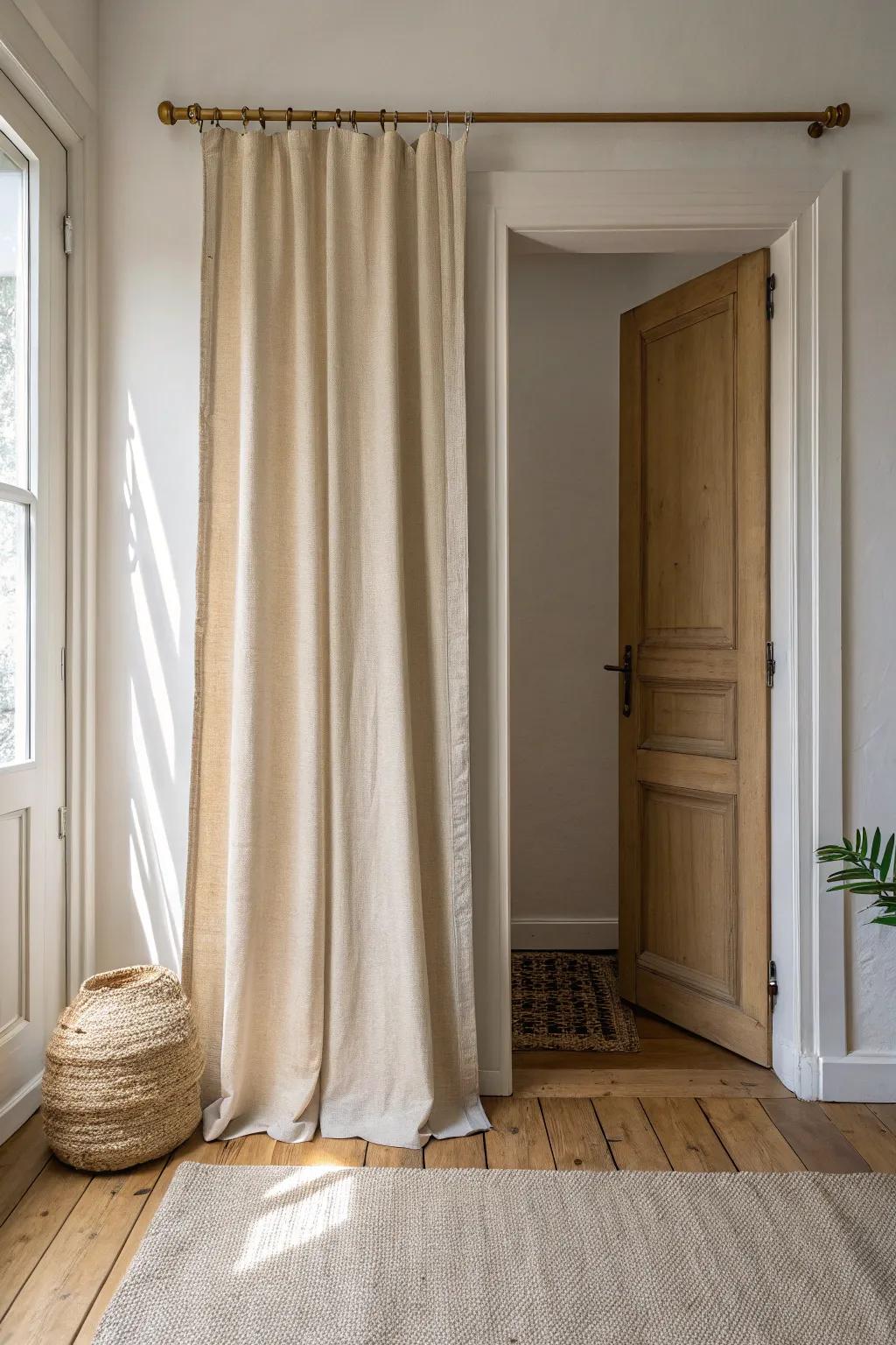 A heavy linen portière that kisses the floor—instant warmth, quiet, and cozy style.
