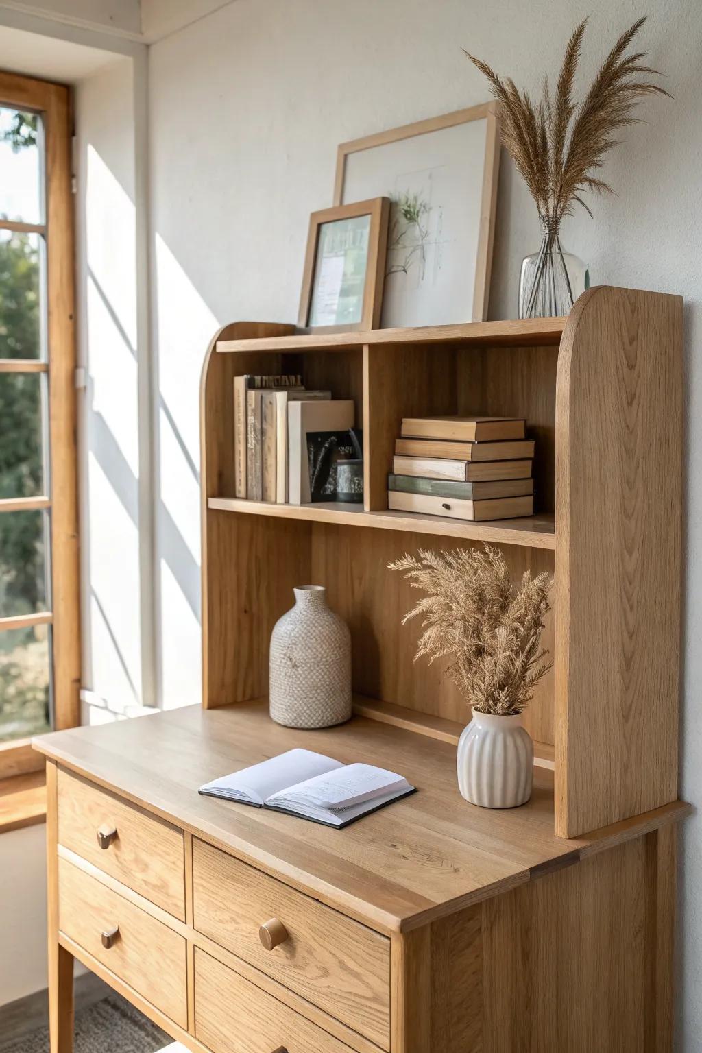 A simple oak desk hutch adds vertical storage, keeping your dorm desk surface clear and calm.