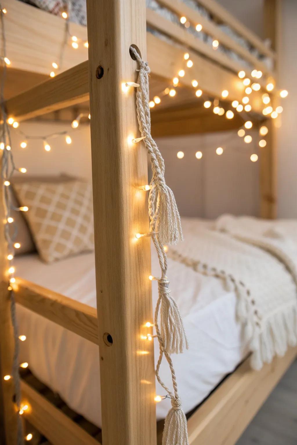 Warm white fairy lights on the bed frame for a soft, cozy dorm glow—no harsh overheads.