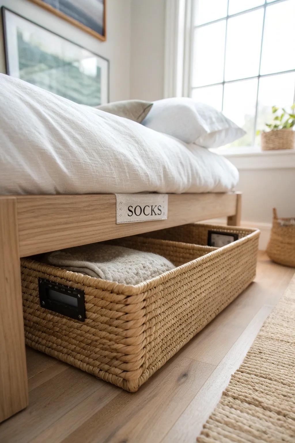 A labeled under-bed bin keeps dorm essentials easy to grab—no digging, no mess.