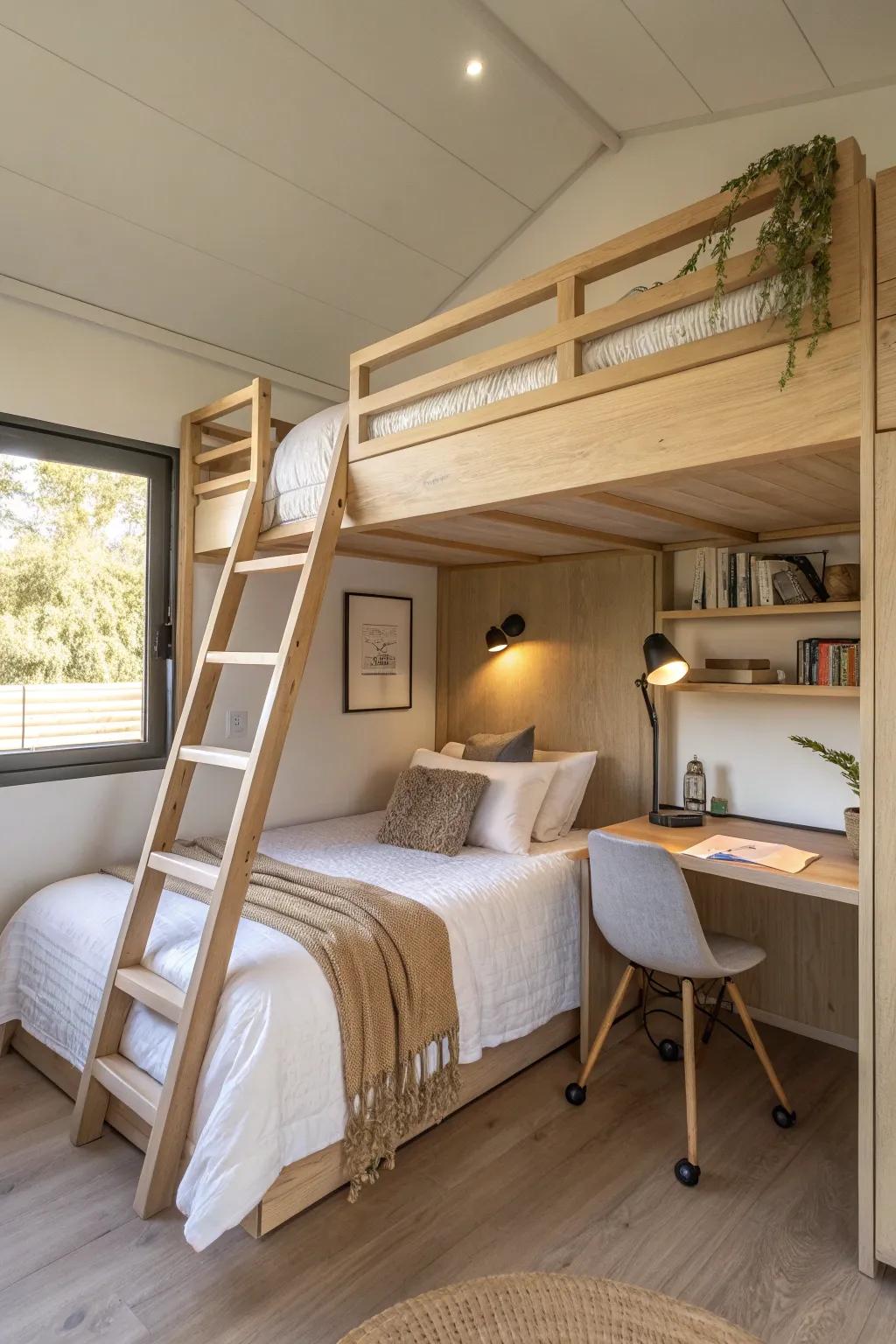 Lofted bed that turns a tiny dorm into a calm sleep nook and a bright study zone below.