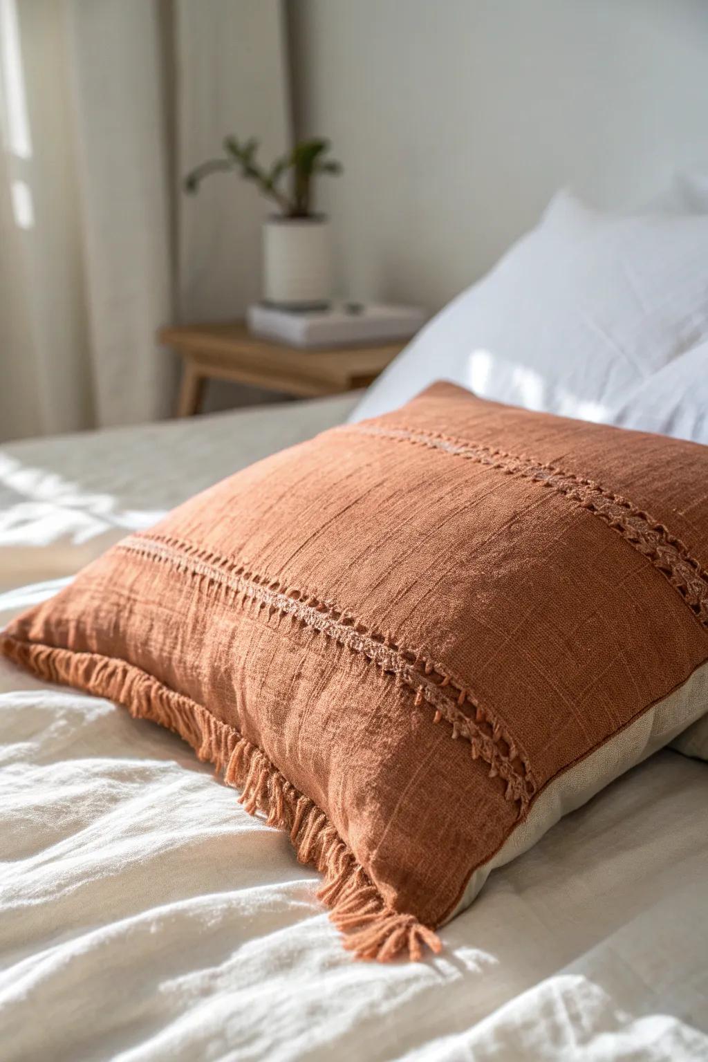Neutral bedding + one warm accent pillow = instant calm, cohesive dorm color palette.