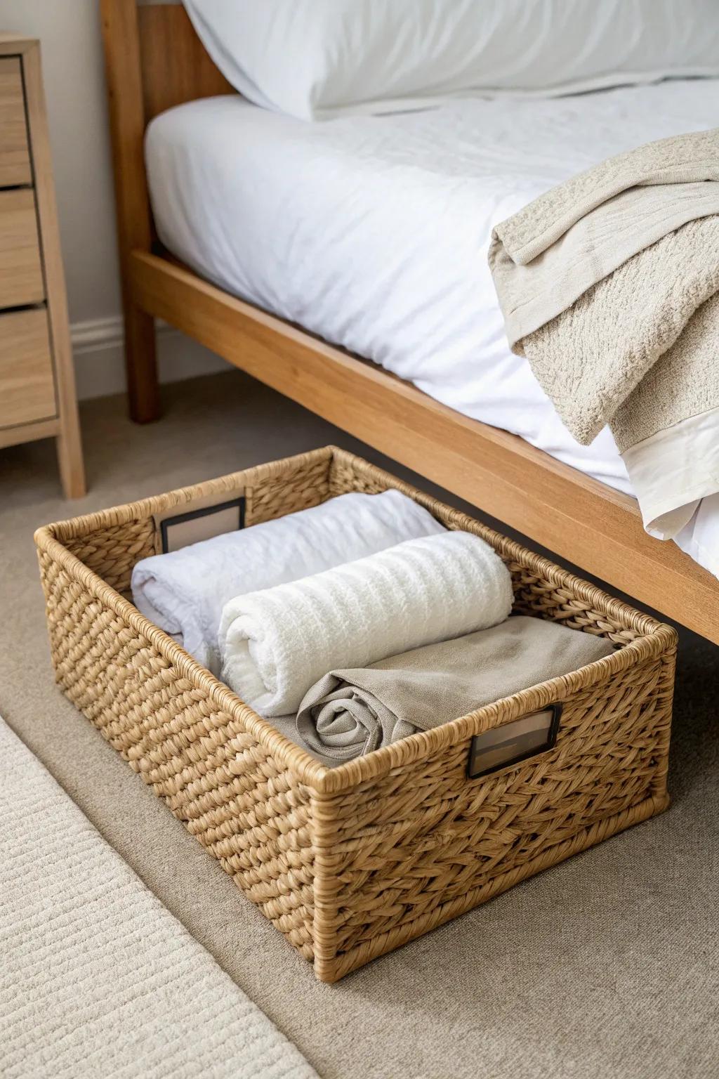 Max out hidden dorm space with a woven under-bed bin and subtle bed risers.