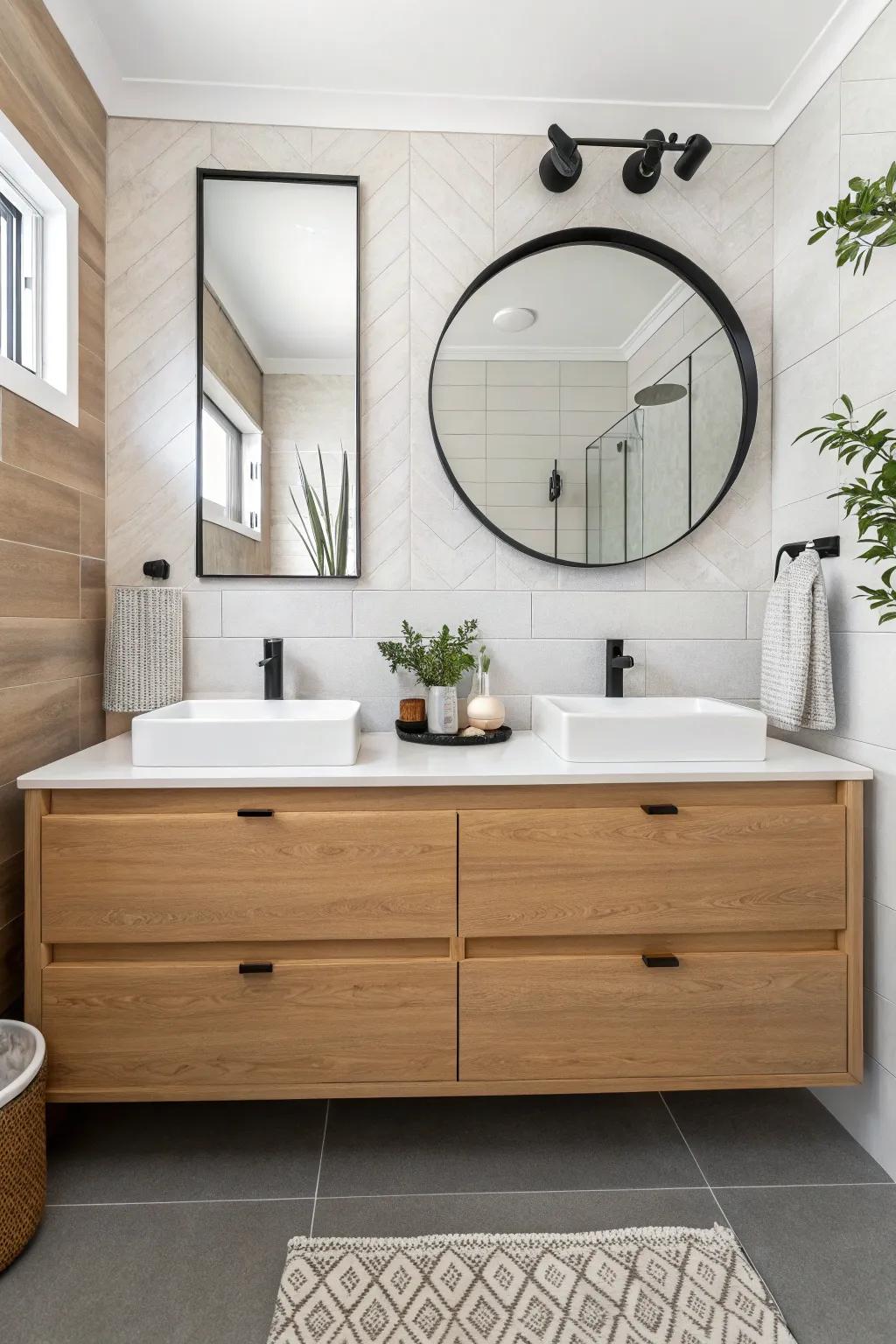Wall-to-wall slim double vanity: a built-in look that saves space and keeps tiny baths airy.