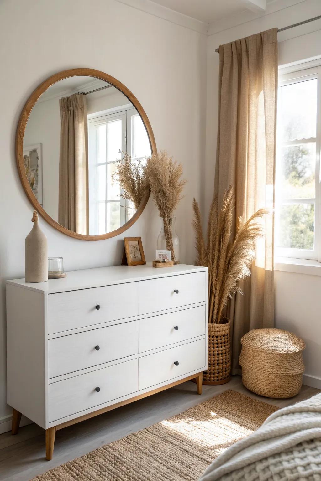 A statement mirror above the dresser instantly brightens and visually expands a small room.