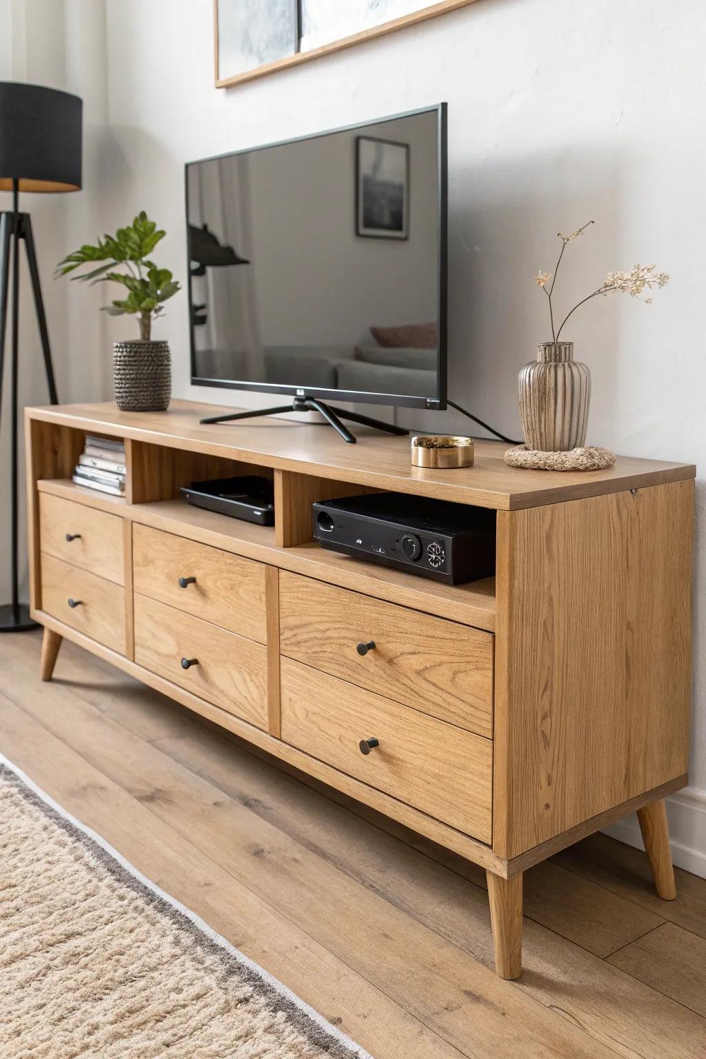 A low dresser doubles as a TV stand—hidden storage, calm surface, and a cozy minimalist look.