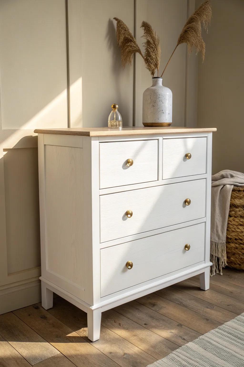 Classic crisp white dresser paint instantly quiets a small room and makes it feel larger.