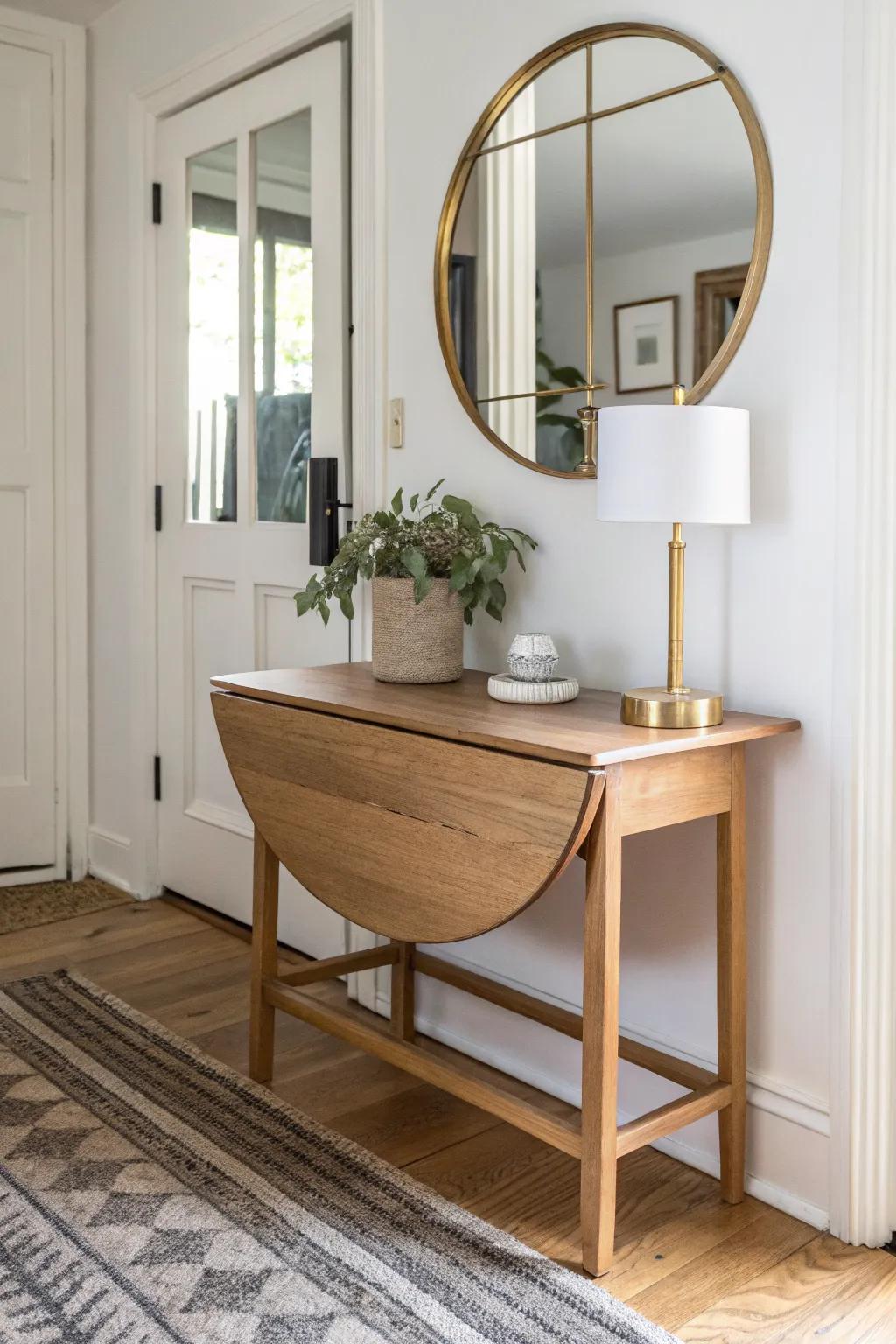 Classic entryway look: drop-leaf table with leaves down, lamp + tray, calm 70% clear.