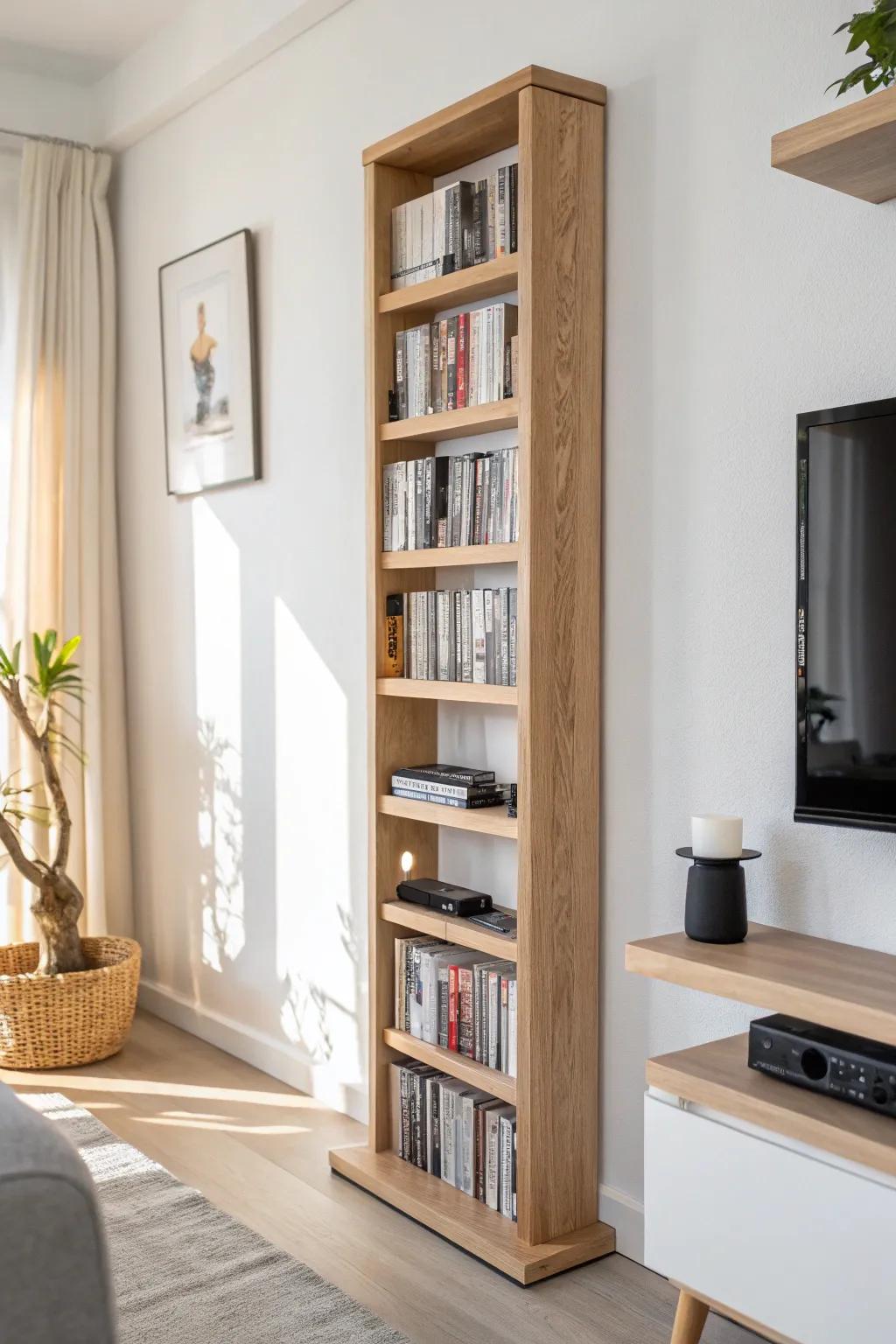 A slim, shallow DVD shelf that hugs the wall—big storage without stealing floor space.