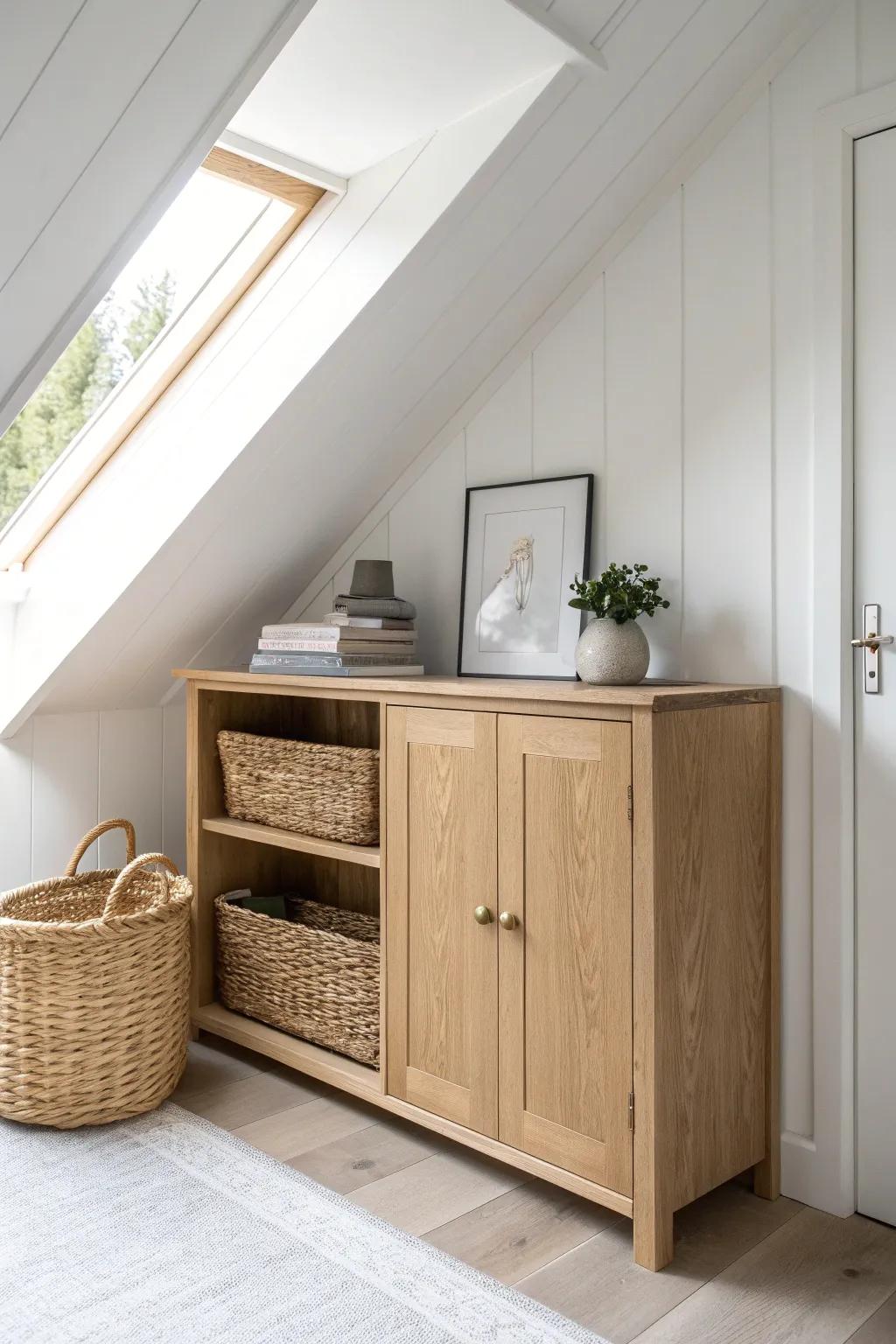 Built-in knee-wall cabinet: calm, hidden eaves storage with a shelf for everyday essentials.