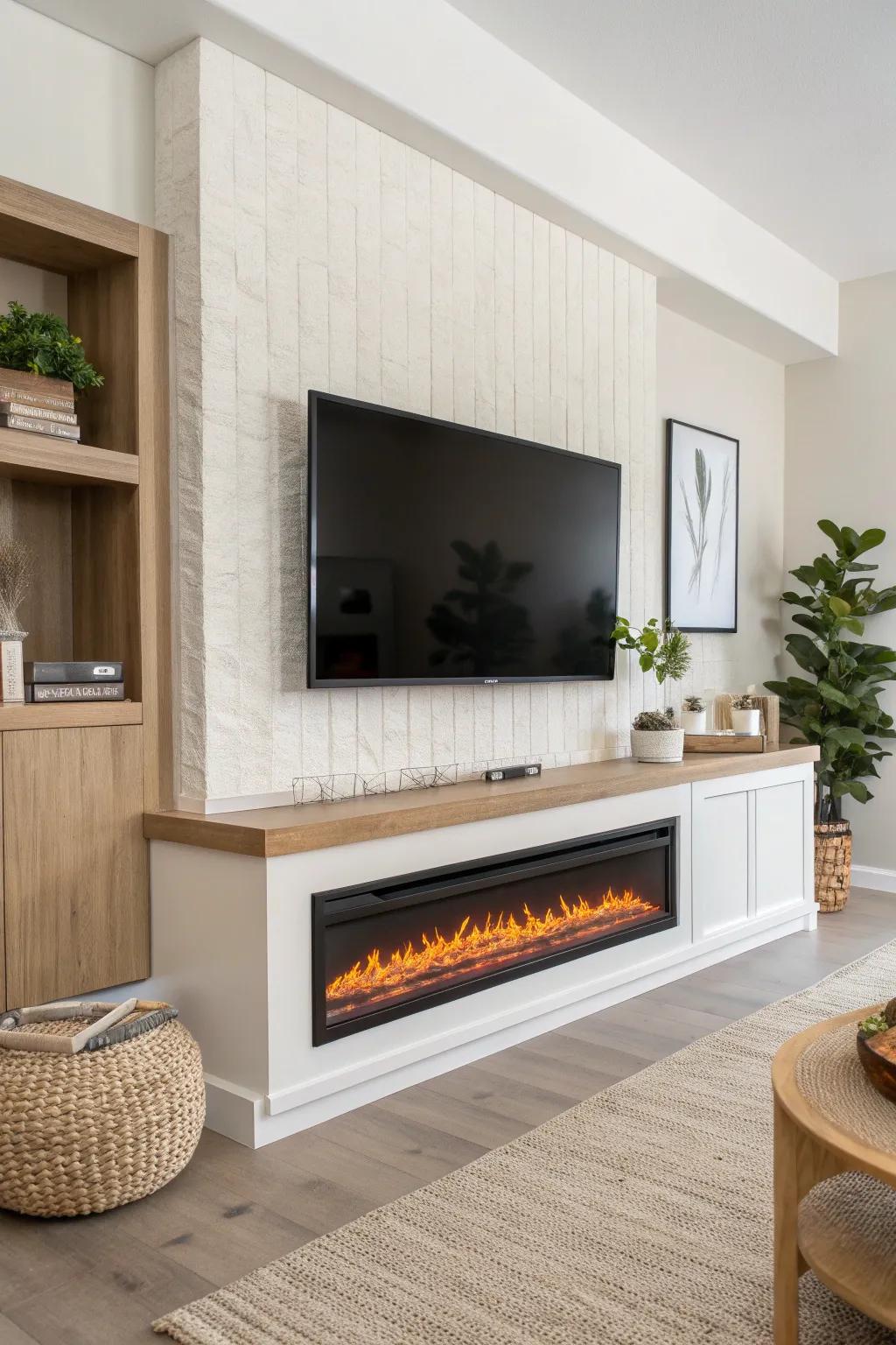 Linear wall fireplace under the TV—cords hidden in a cable chase for a seamless media wall.