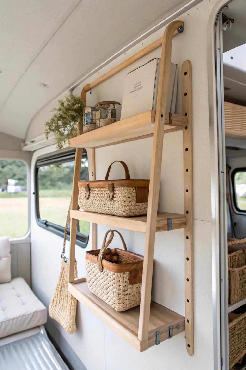 Side-wall multi-level shelves clear the aisle and keep your most-used gear at easy reach.