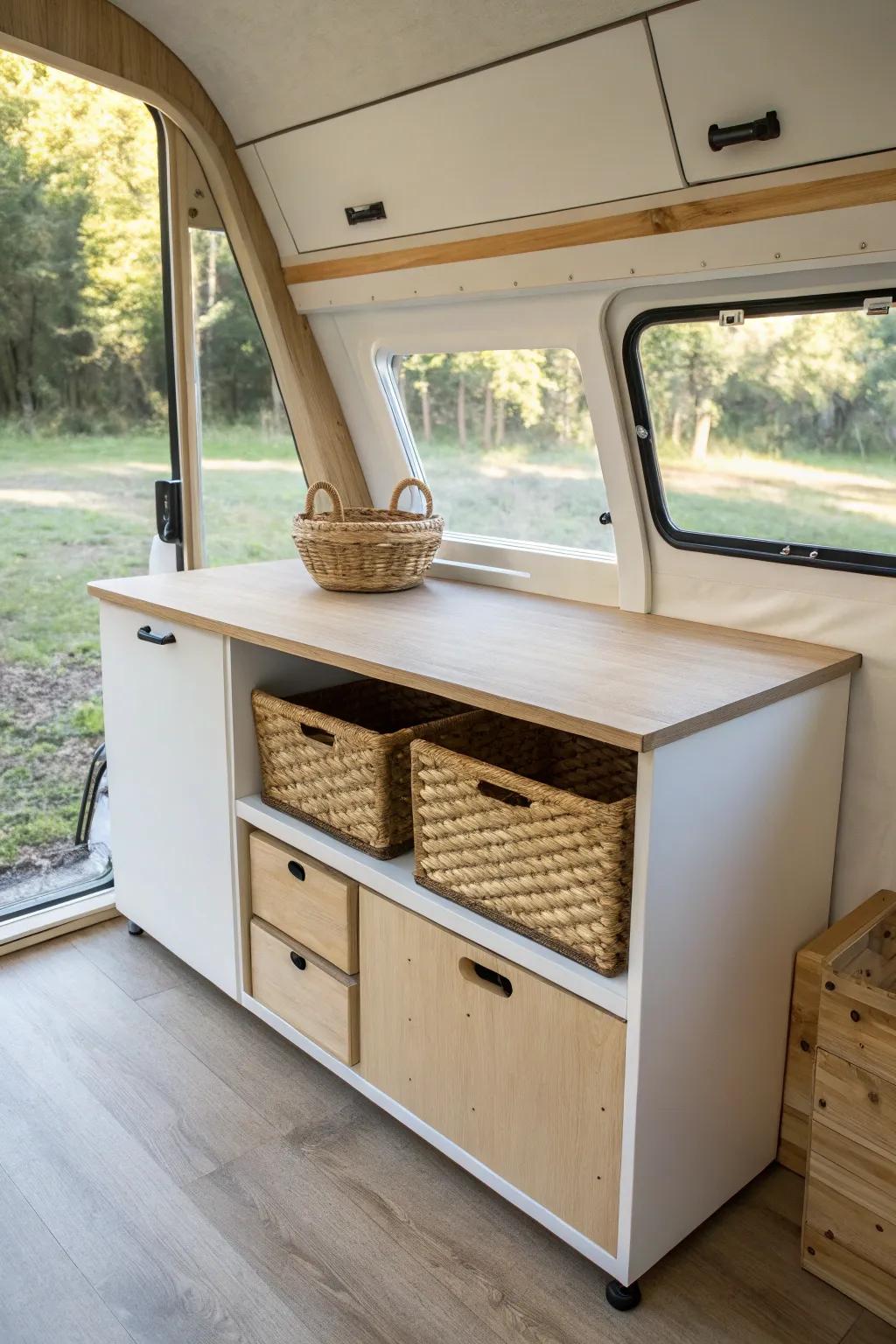 A snug V-nose built-in workbench that turns trailer dead space into a bright, tidy workspace.