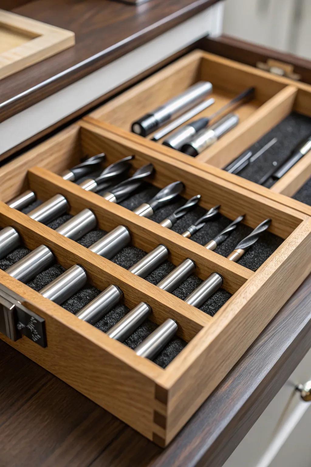 Transform your workspace with elegant drawer organizers for your end mills—because precision starts with organization.