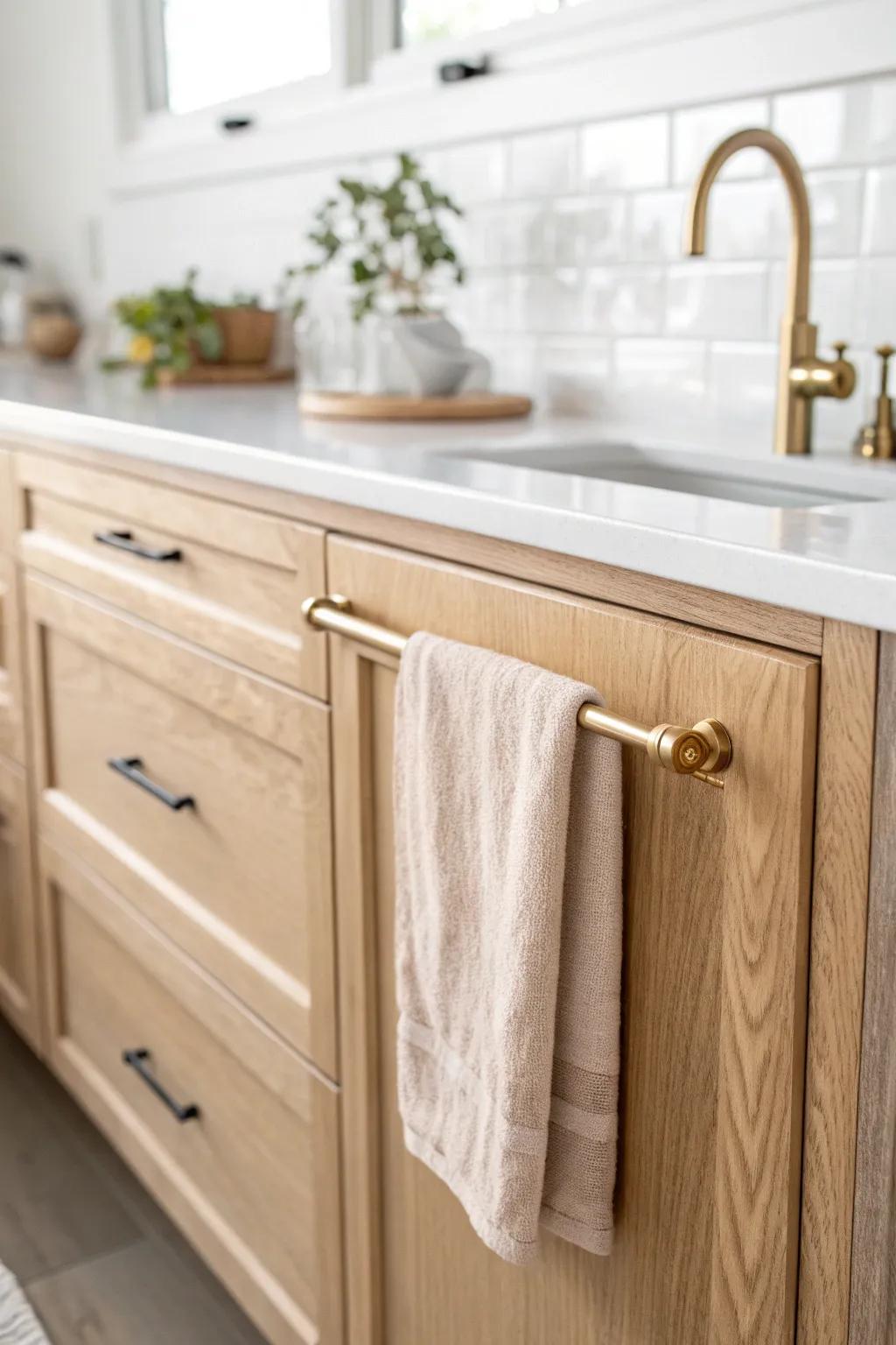 A slim towel bar on the cabinet end keeps towels handy—without stealing your oven handle.
