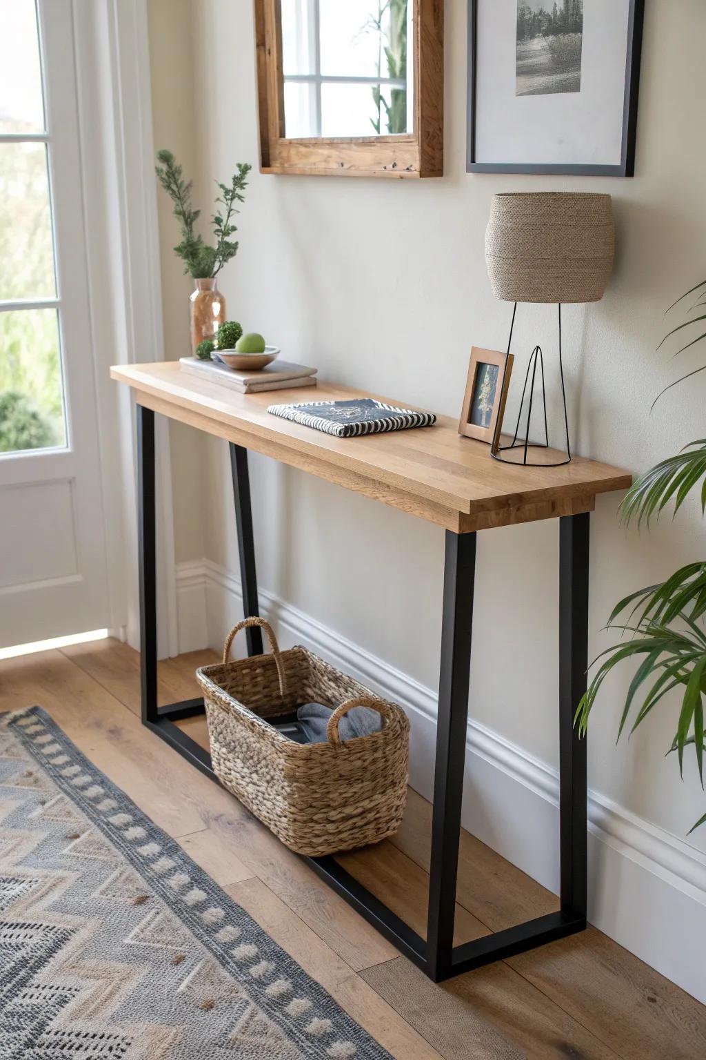 A slim console landing strip keeps keys and mail tidy—without stealing hallway space.