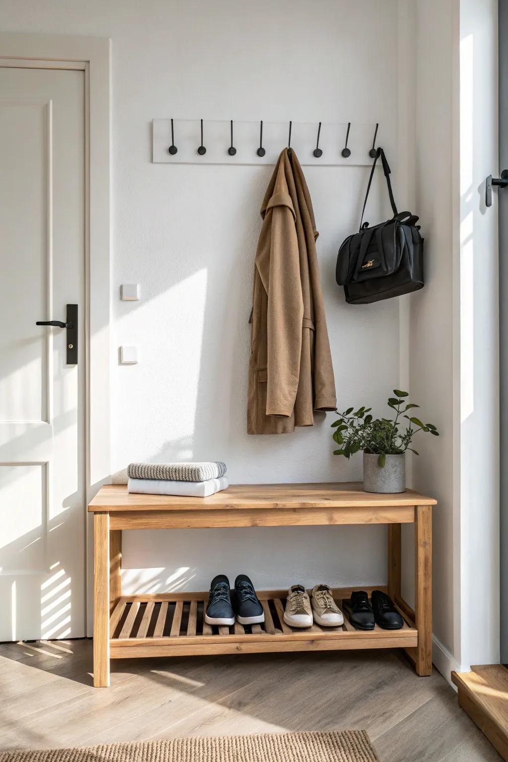 A slim oak shoe bench with sleek hooks—instant order and calm in a tiny entry.