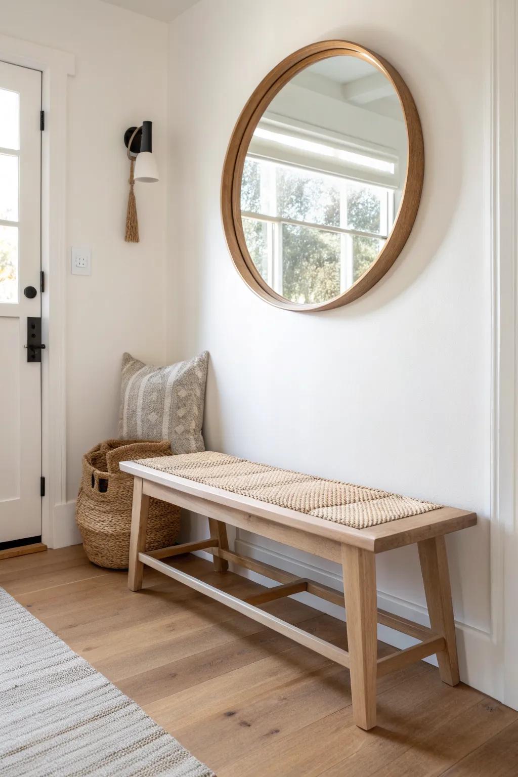 A classic bench with a centered mirror makes even the smallest entryway feel finished.