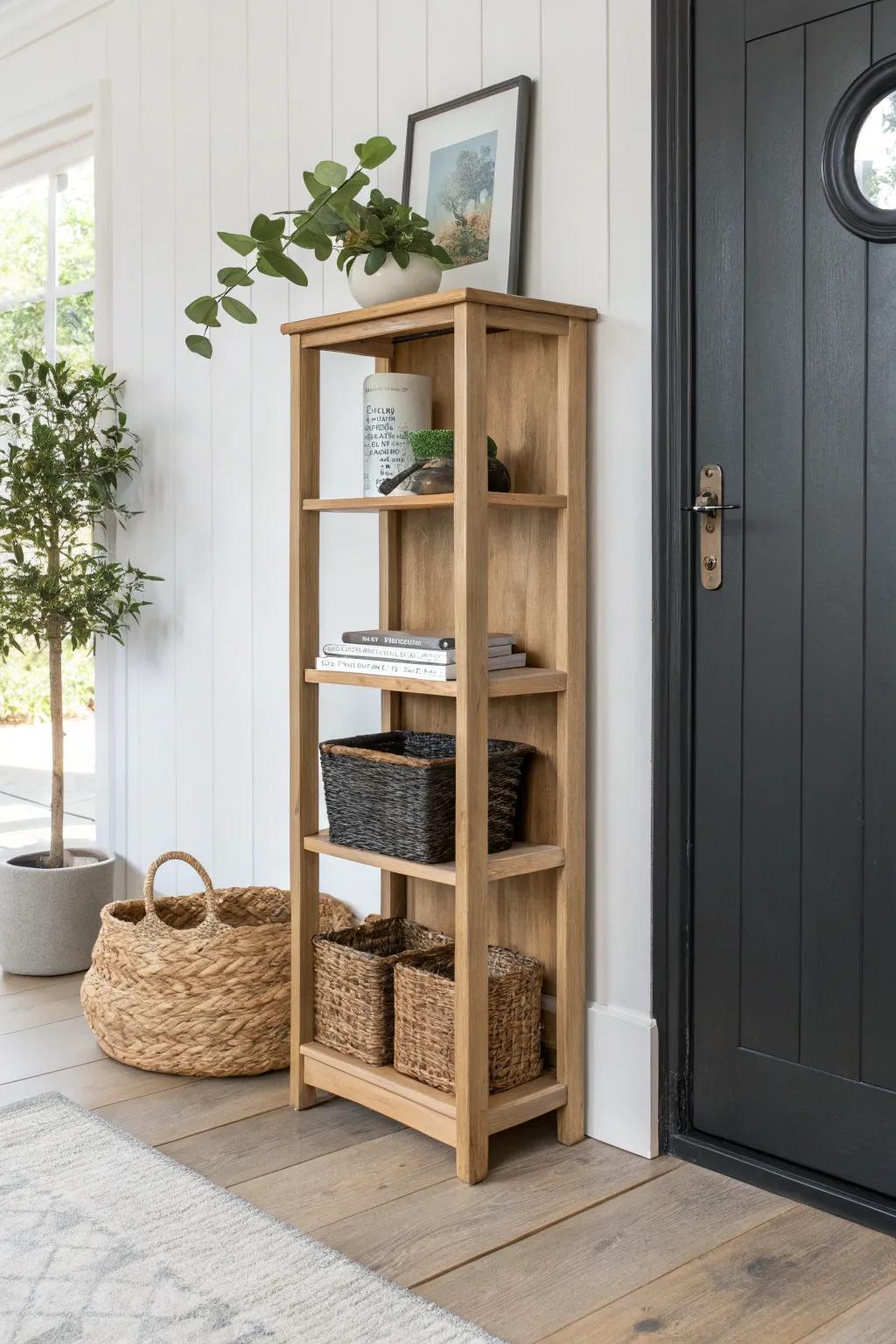 Slim oak bookcase by the door: books, catchall tray, tiny plant, and baskets that hide clutter.