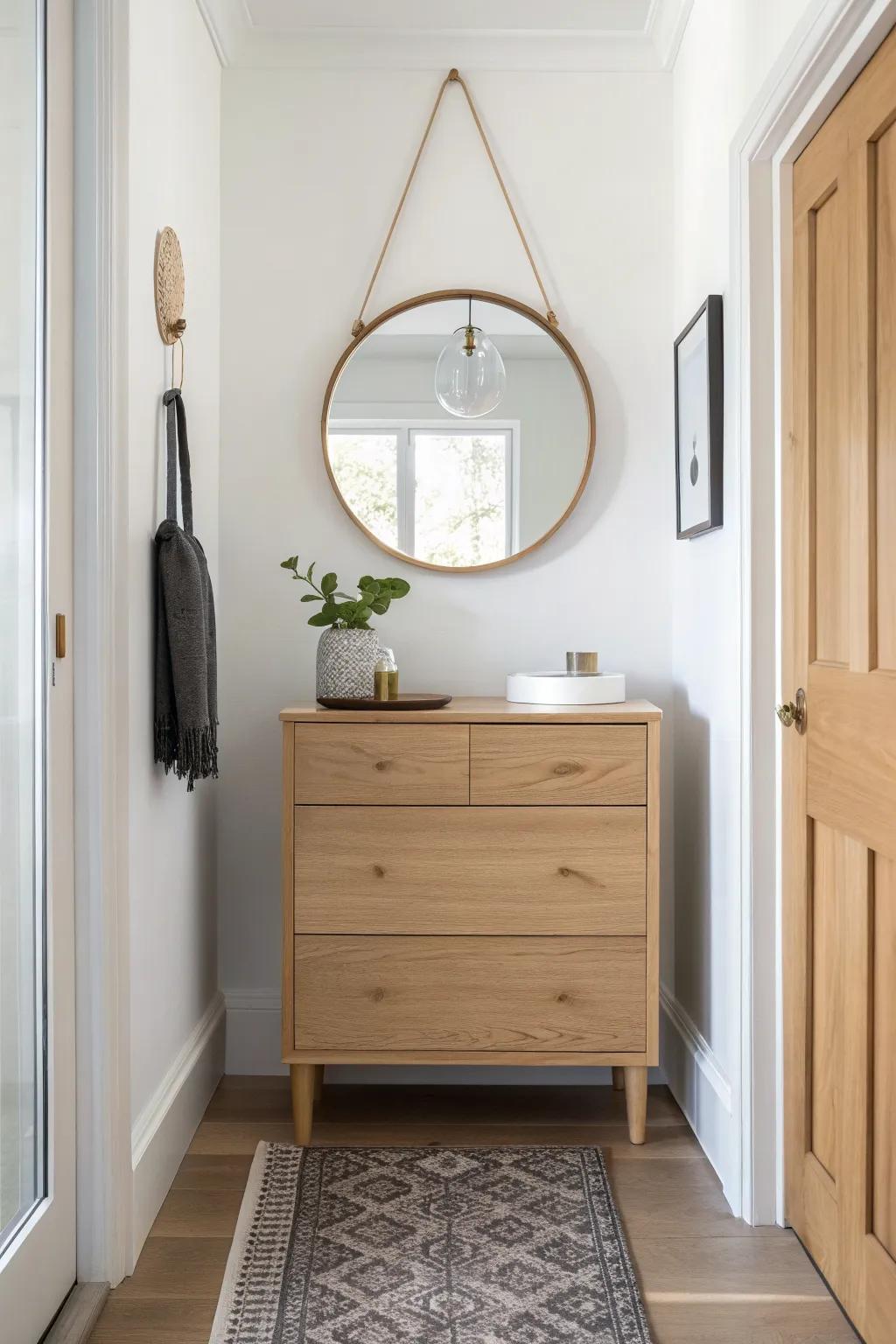 Classic entryway chest + mirror above—brightens tight halls and keeps keys beautifully contained.