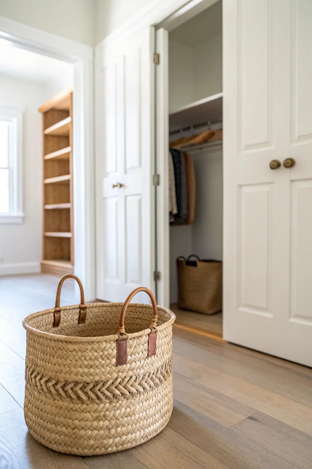 Start with a ruthless reset: one beautiful basket for keepers instantly opens up the whole closet.