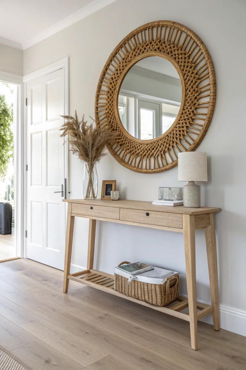 Anchor your console with an oversized mirror to bounce light and make a tiny entry feel bigger.