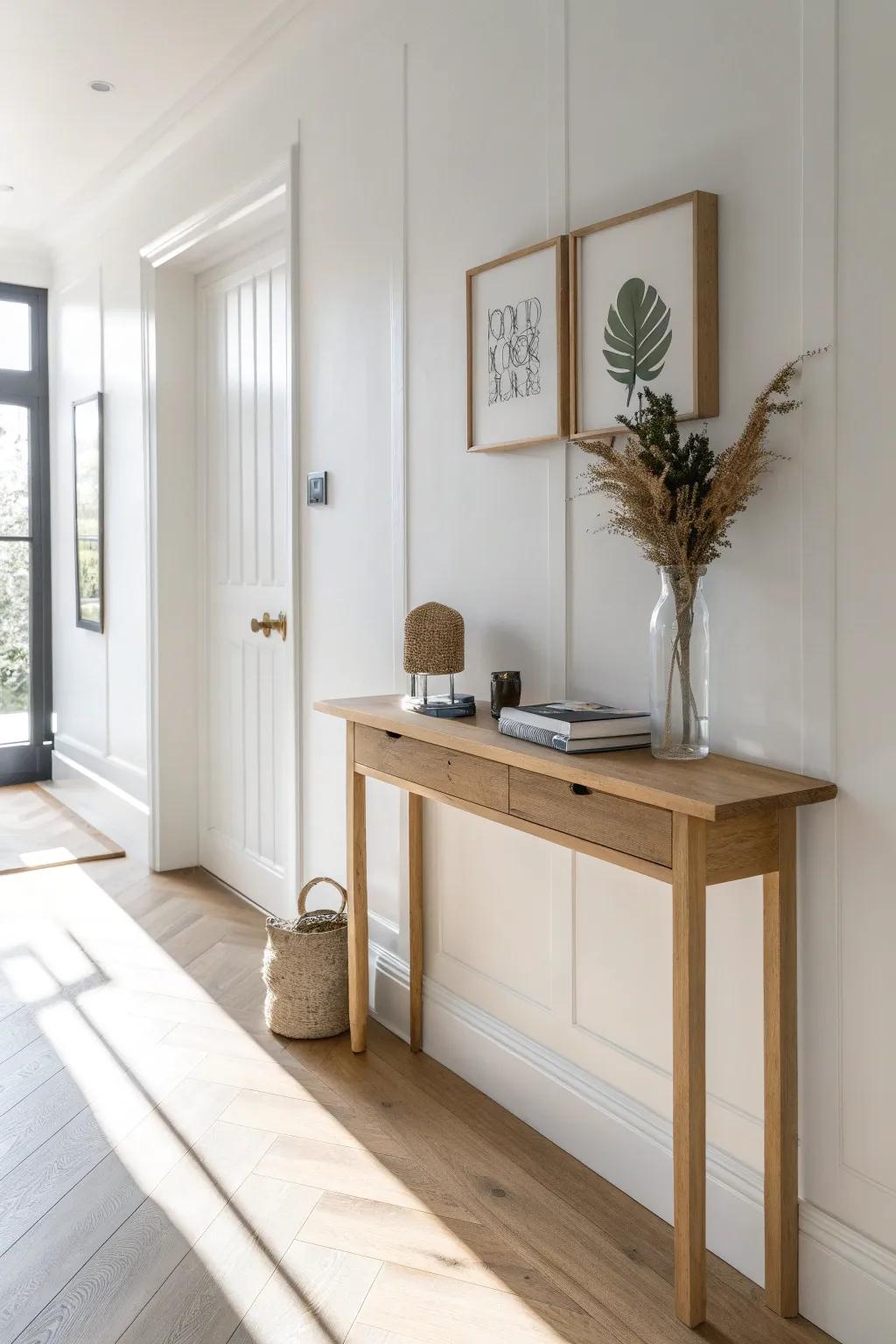 A slim console landing strip: keys and mail corralled beautifully—minimal, airy, zero clutter.