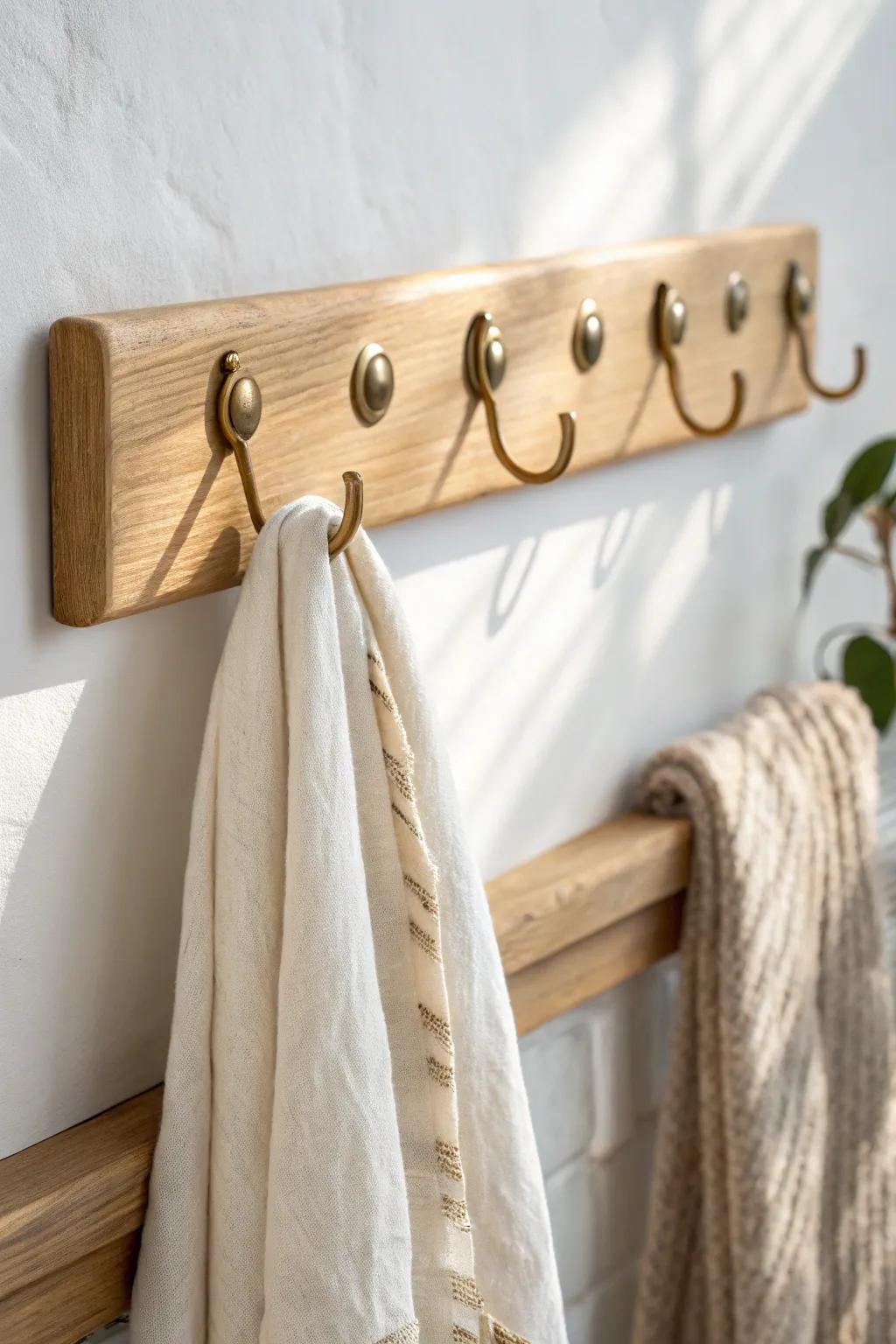 Classic hook rail with wider spacing—keeps bulky coats tidy in even the tiniest entryway.