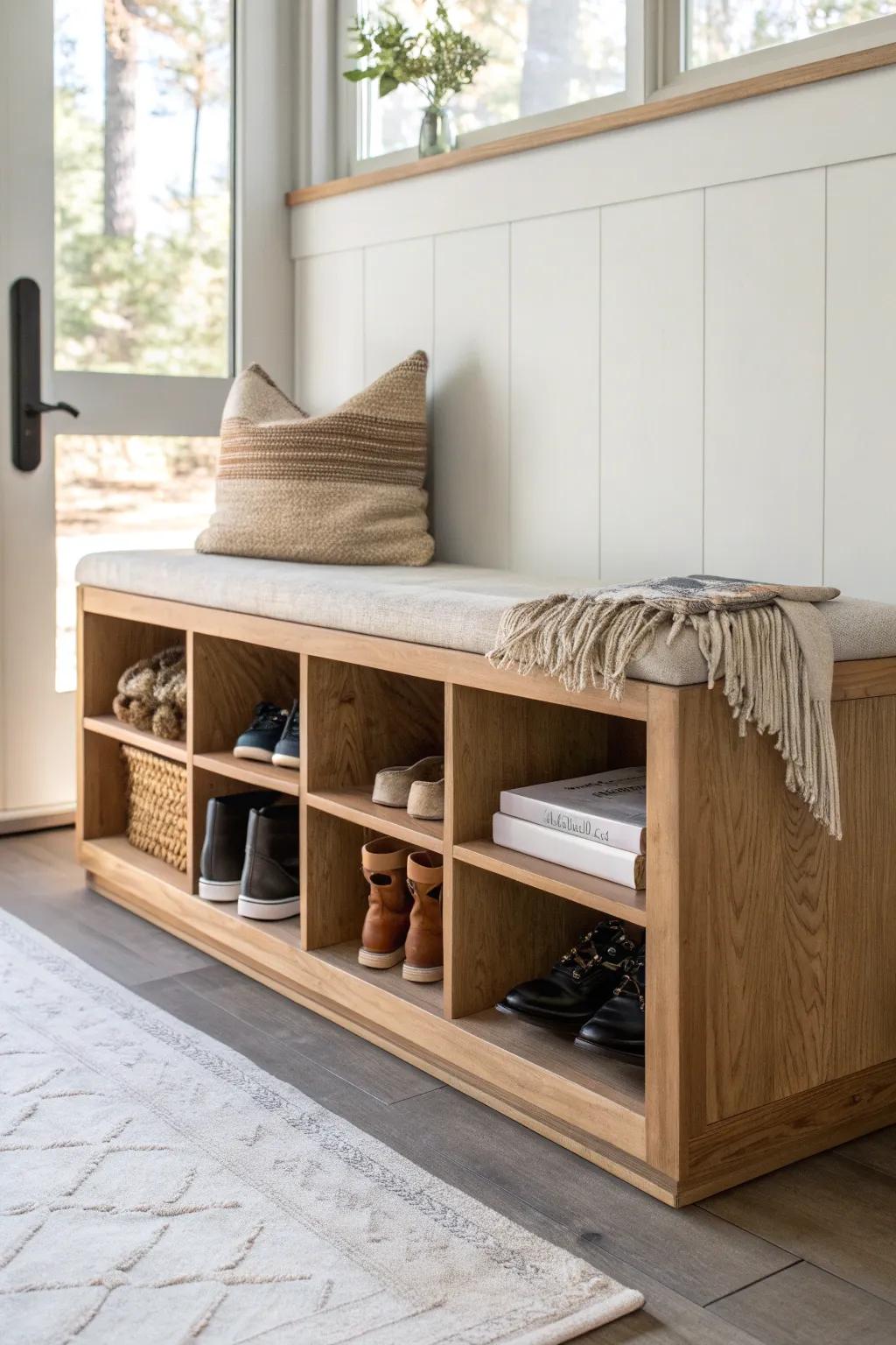 A built-in bench with shoe cubbies: small-entryway calm, craftsmanship, and zero shoe pile.