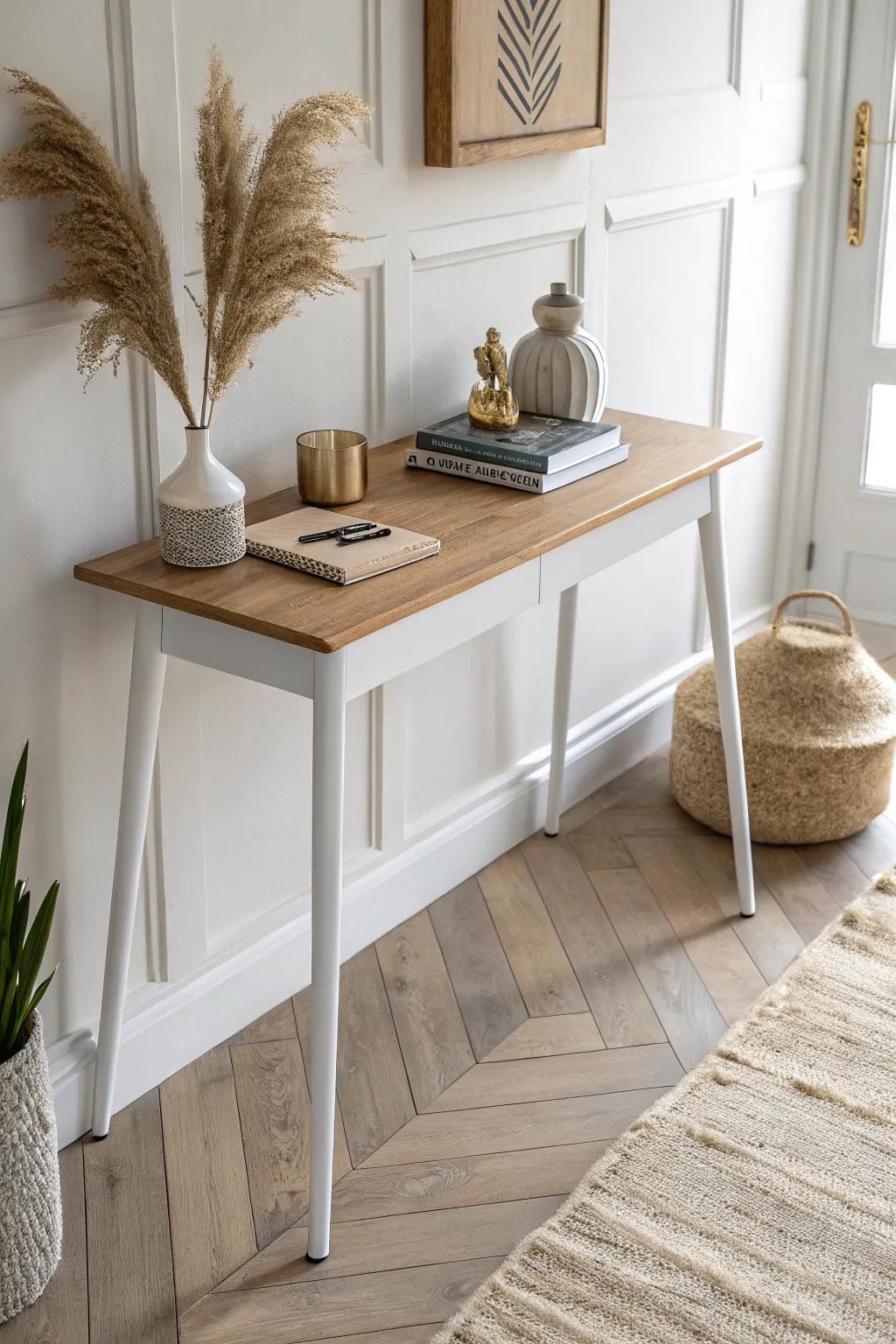 A slim console desk turns your entryway wall into a chic, walkway-friendly mini office.